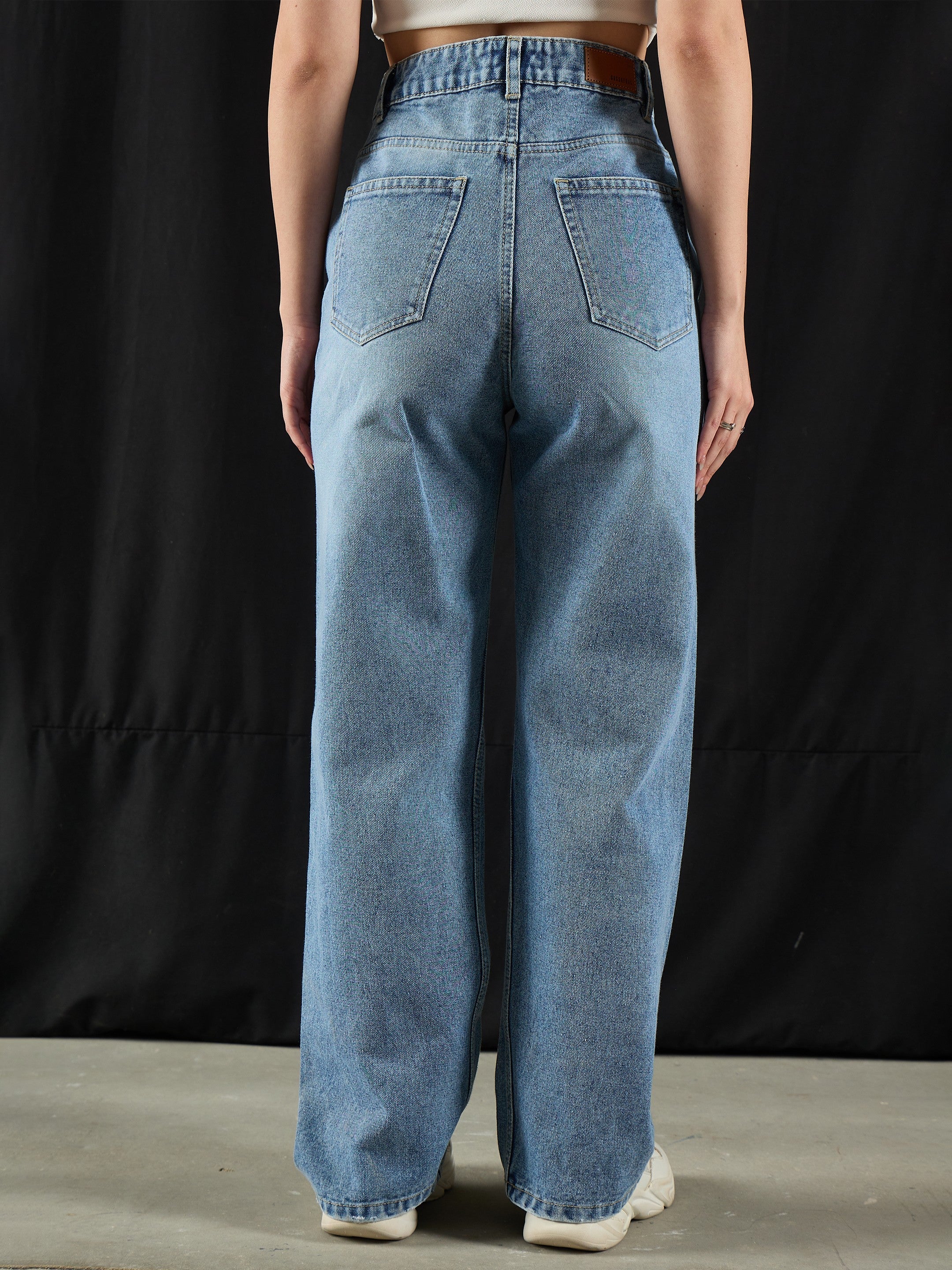 Women Blue Wash High Waist Straight Jeans