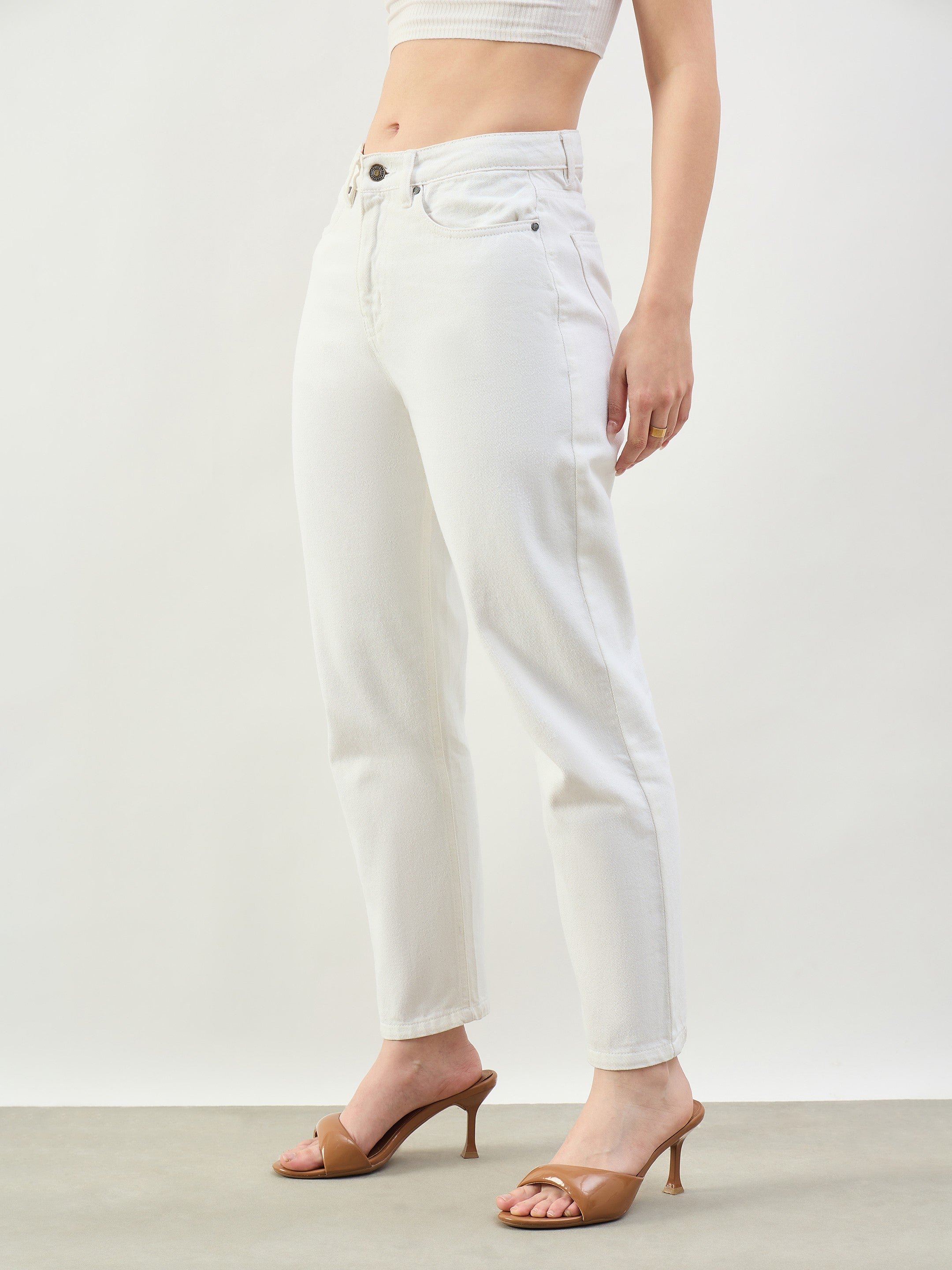 Women White Barrel Fit High Rise Jeans