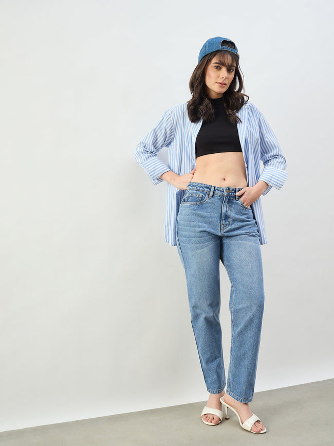 Women Blue Wash Barrel Fit High Rise Jeans