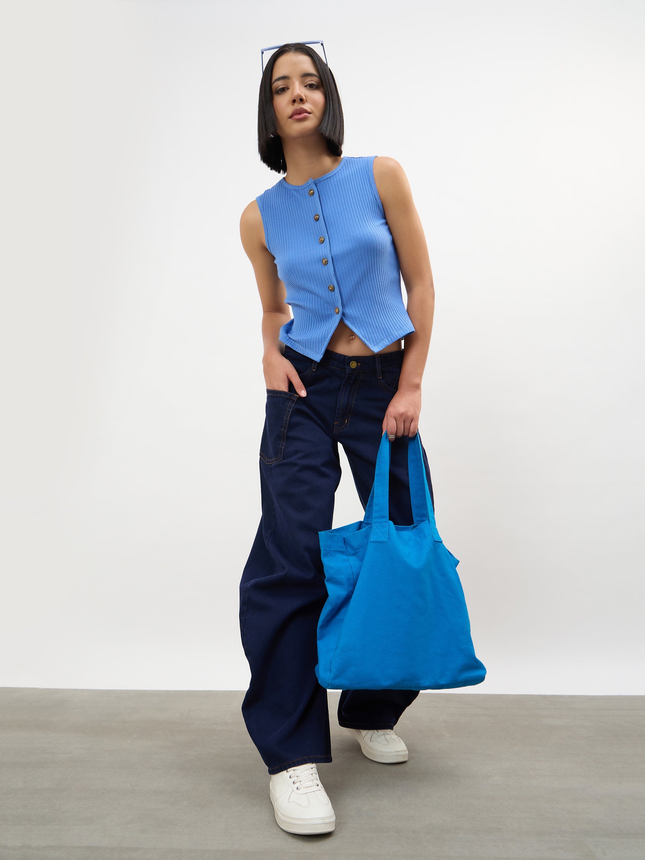 Women Dark Navy Side Seam Balloon Jeans