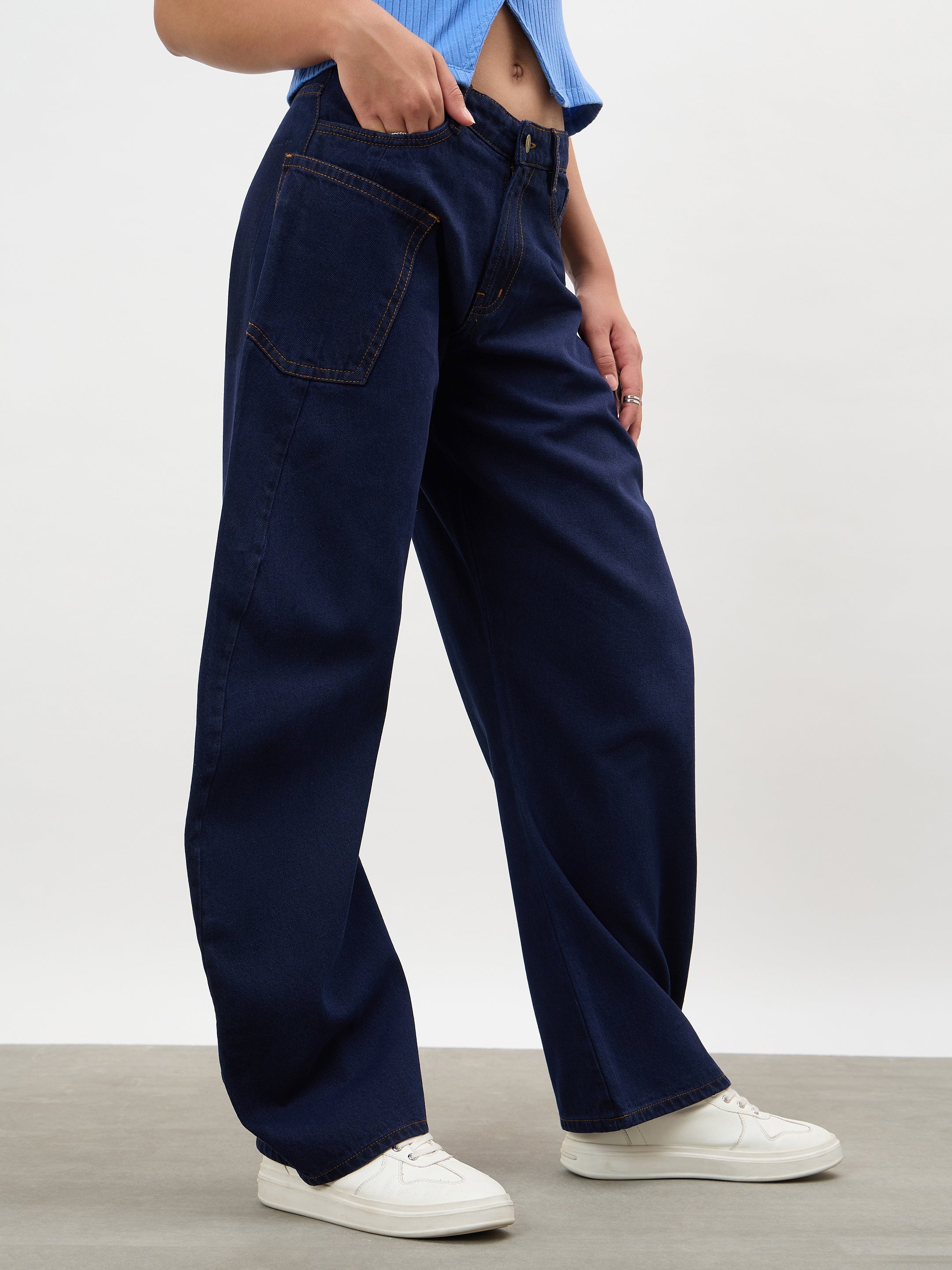 Women Dark Navy Side Seam Balloon Jeans