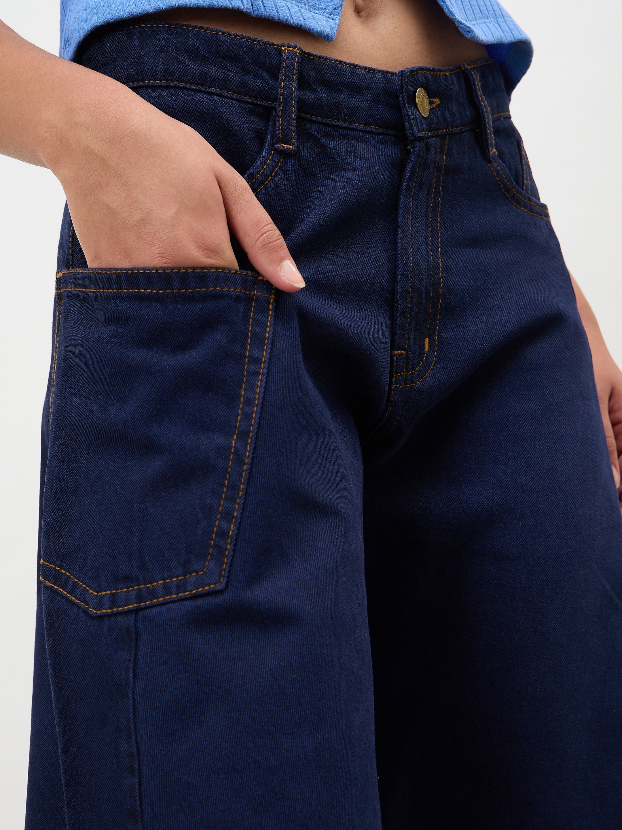 Women Dark Navy Side Seam Balloon Jeans