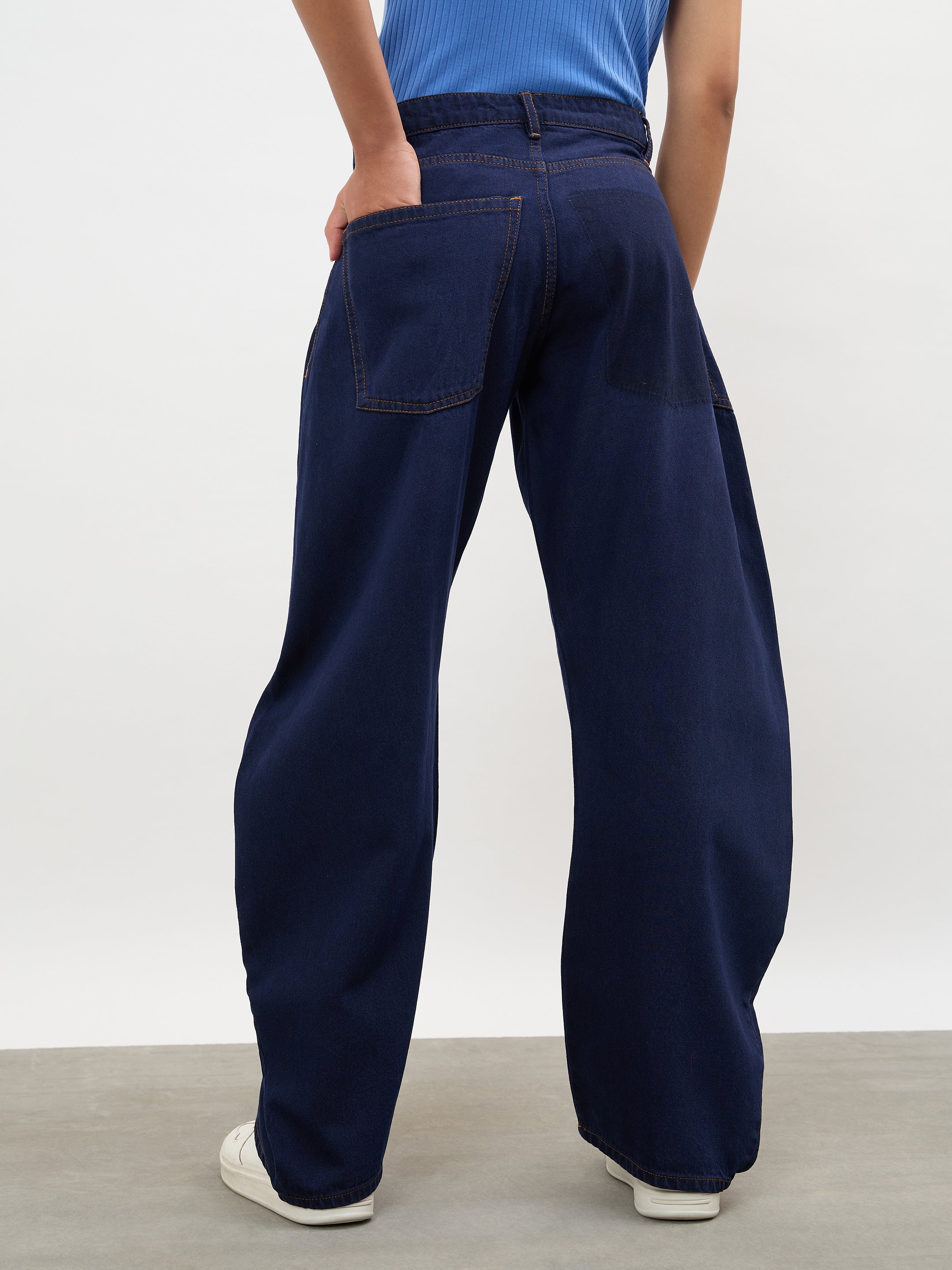Women Dark Navy Side Seam Balloon Jeans