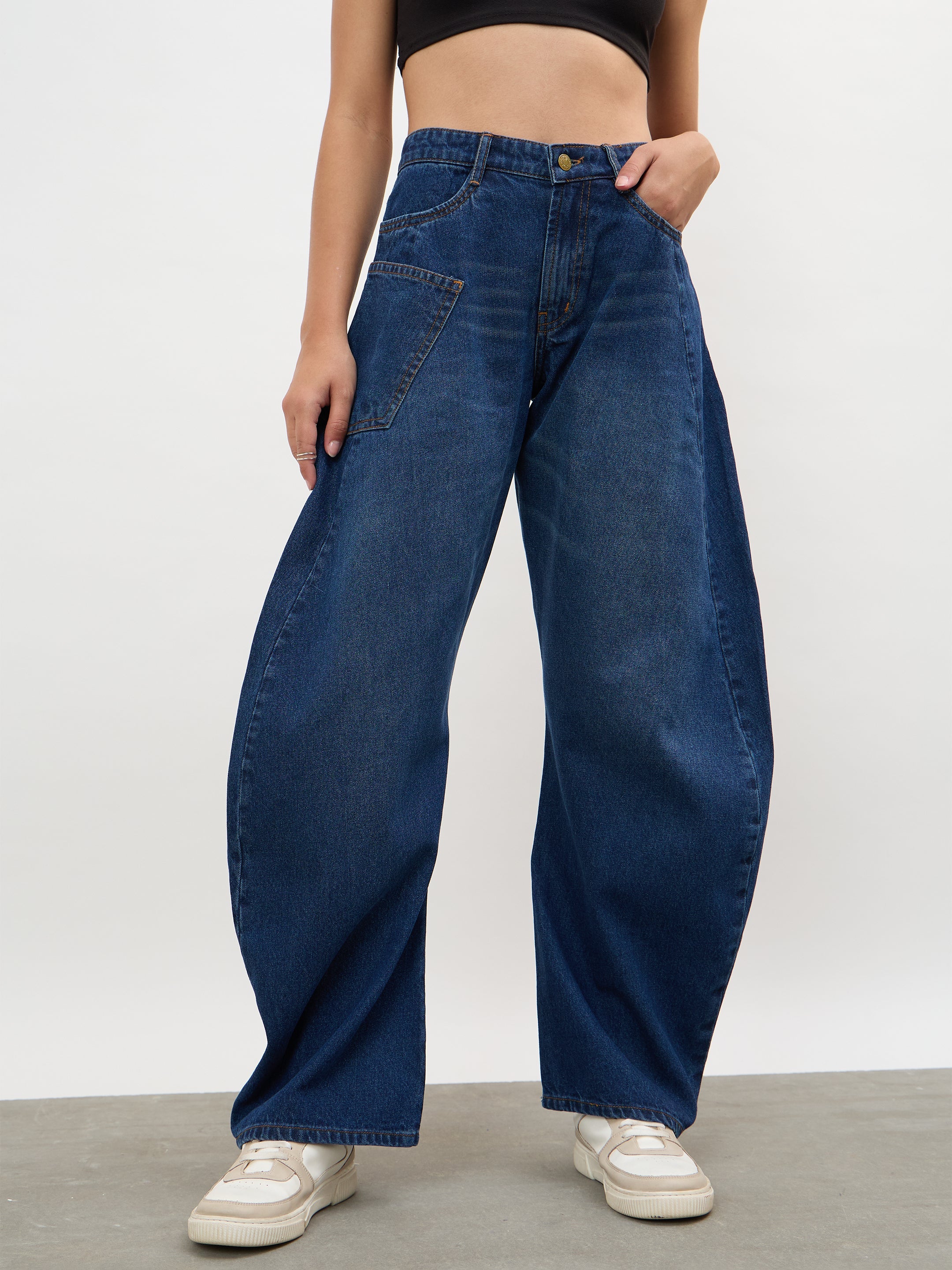 Women Navy Whisker Wash Side Seam Balloon Jeans
