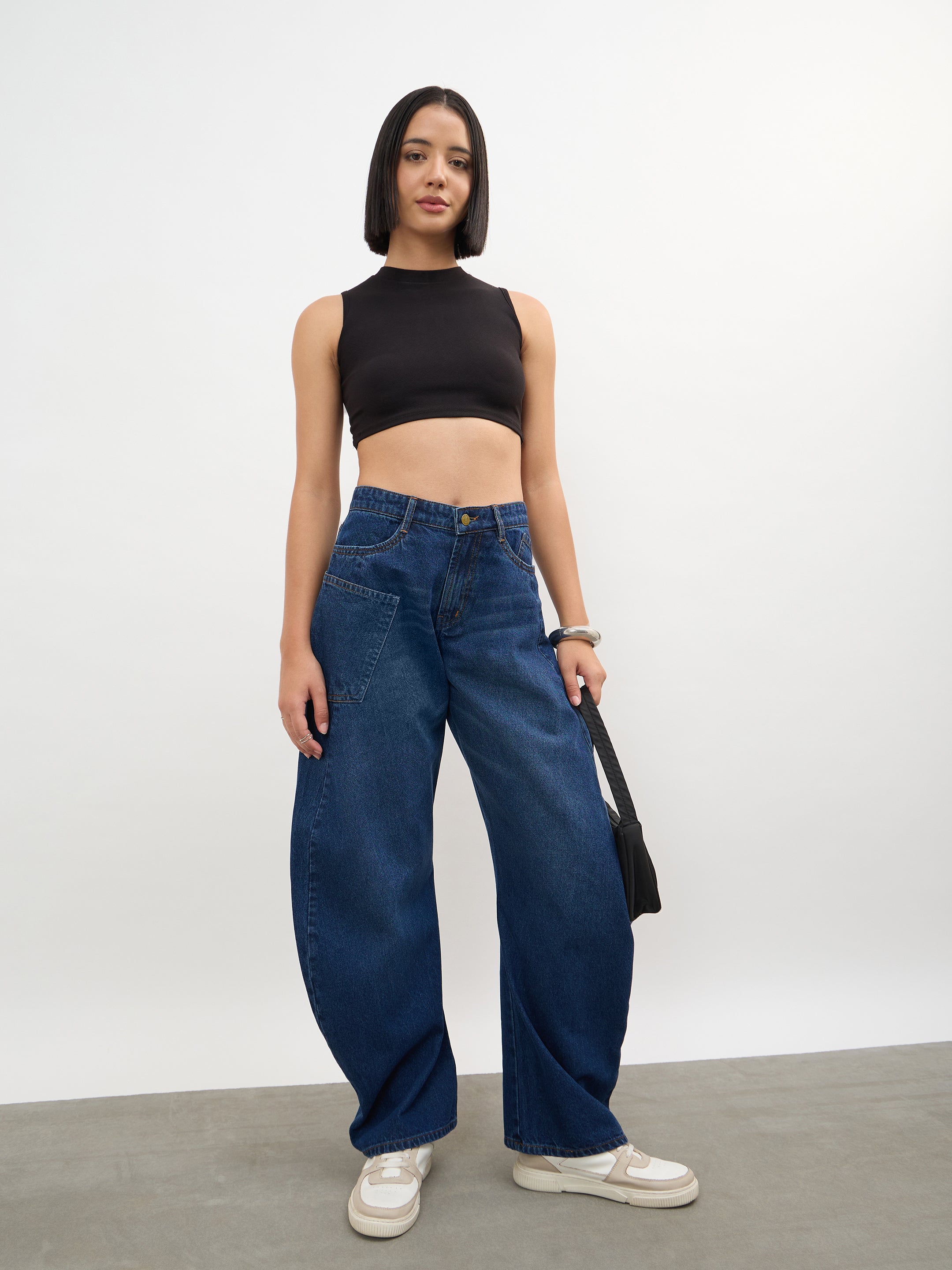 Women Navy Whisker Wash Side Seam Balloon Jeans