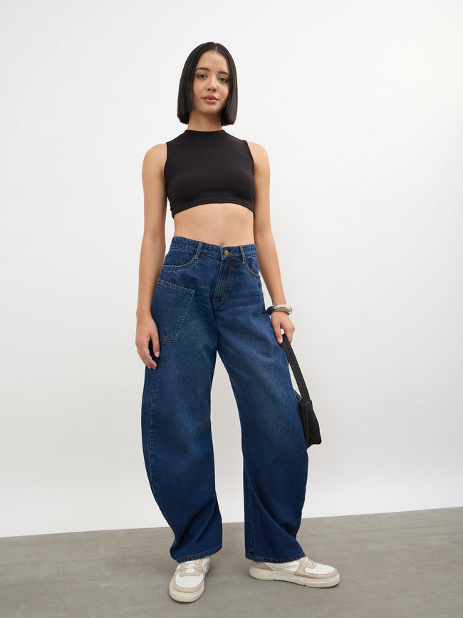 Women Navy Whisker Wash Side Seam Balloon Jeans