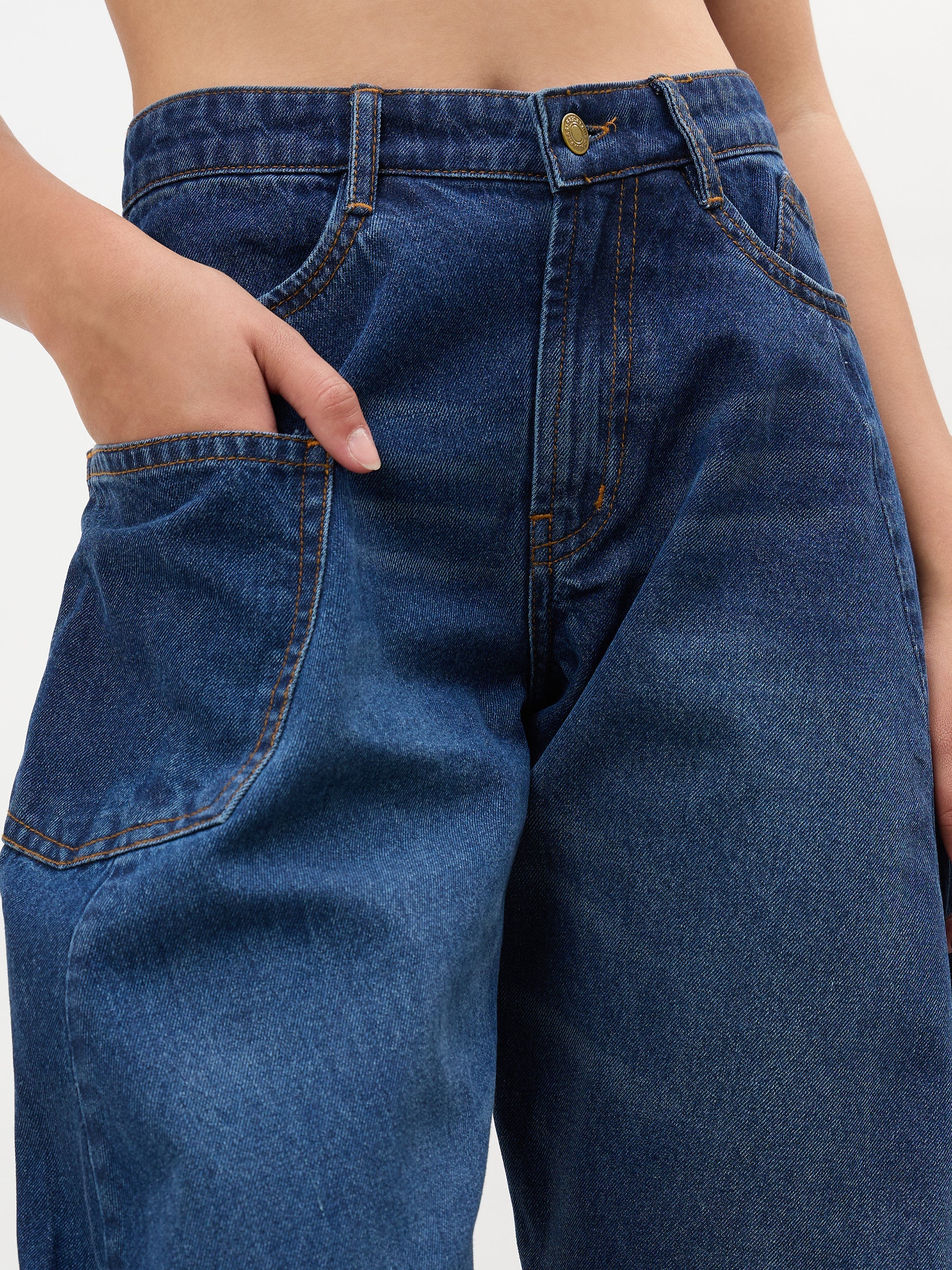 Women Navy Whisker Wash Side Seam Balloon Jeans