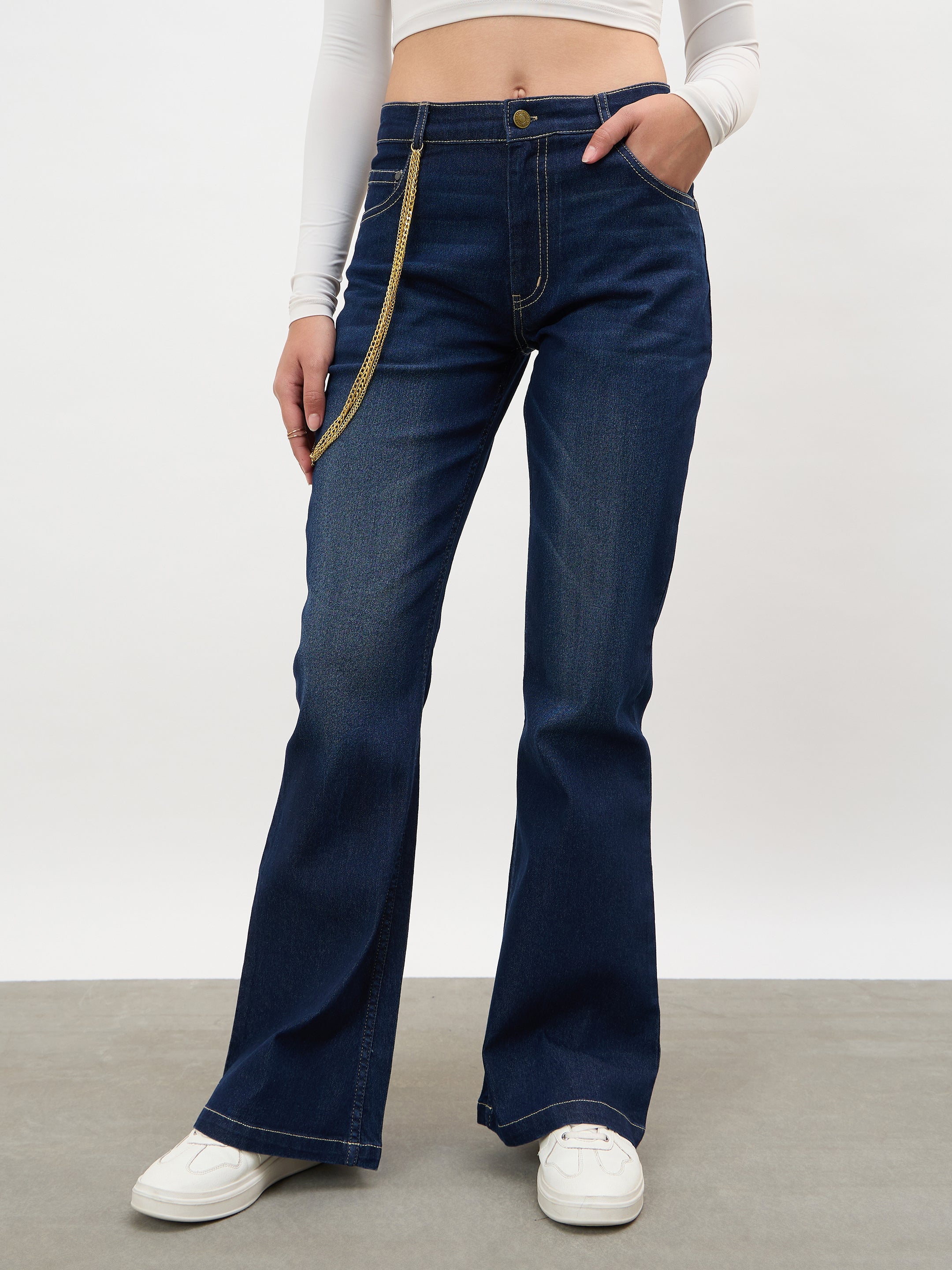 Women Navy Whisker Washed Boot Cut Jeans