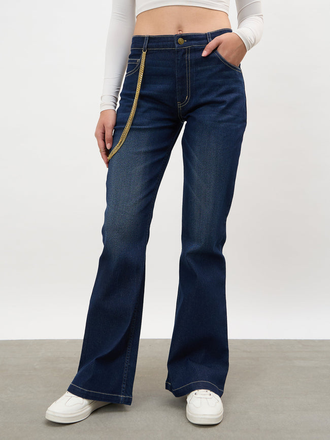 Women Navy Whisker Washed Boot Cut Jeans