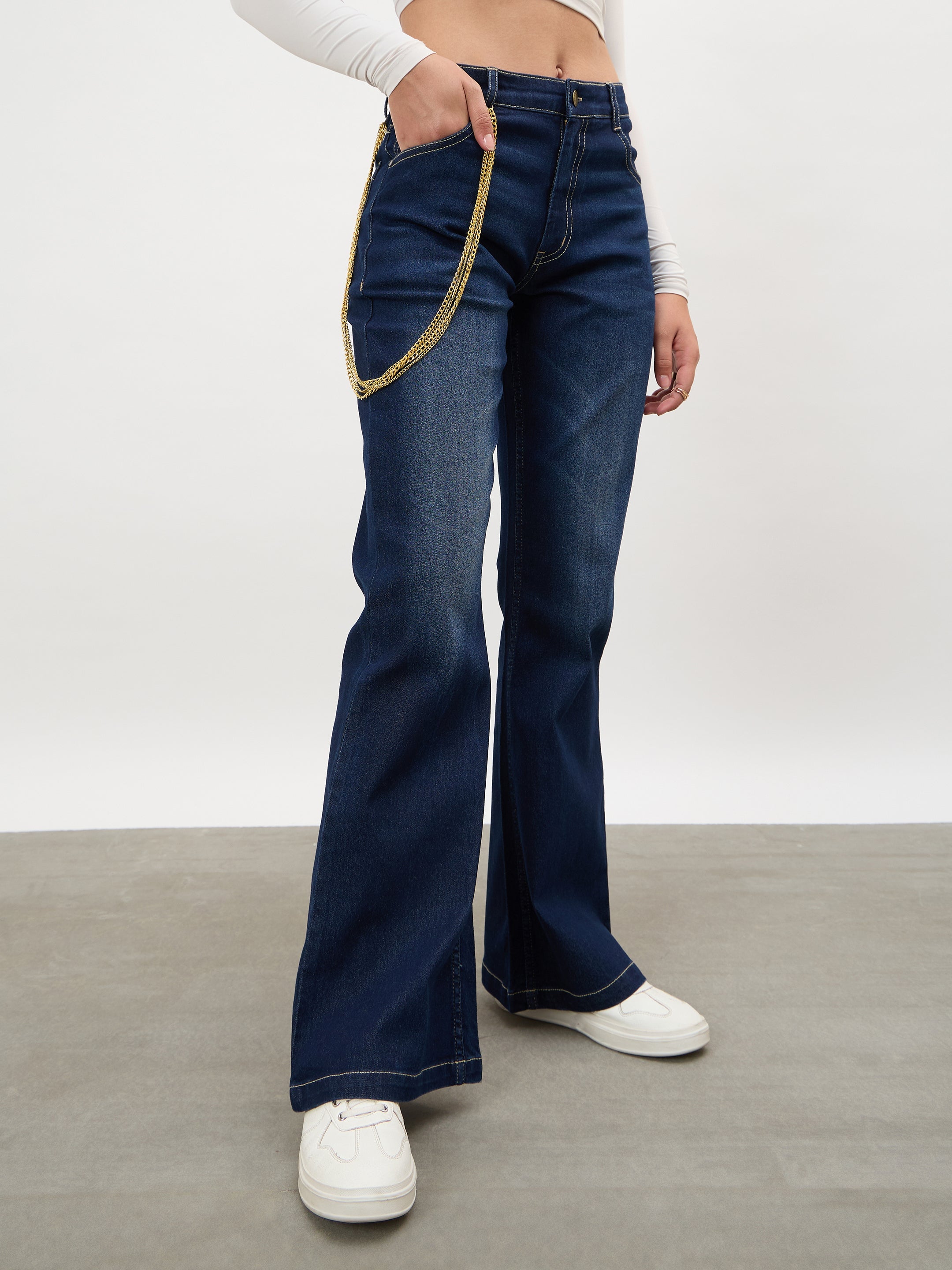 Women Navy Whisker Washed Boot Cut Jeans