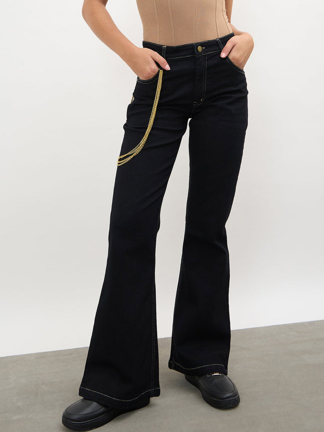 Women Black Whisker Washed Boot Cut Jeans