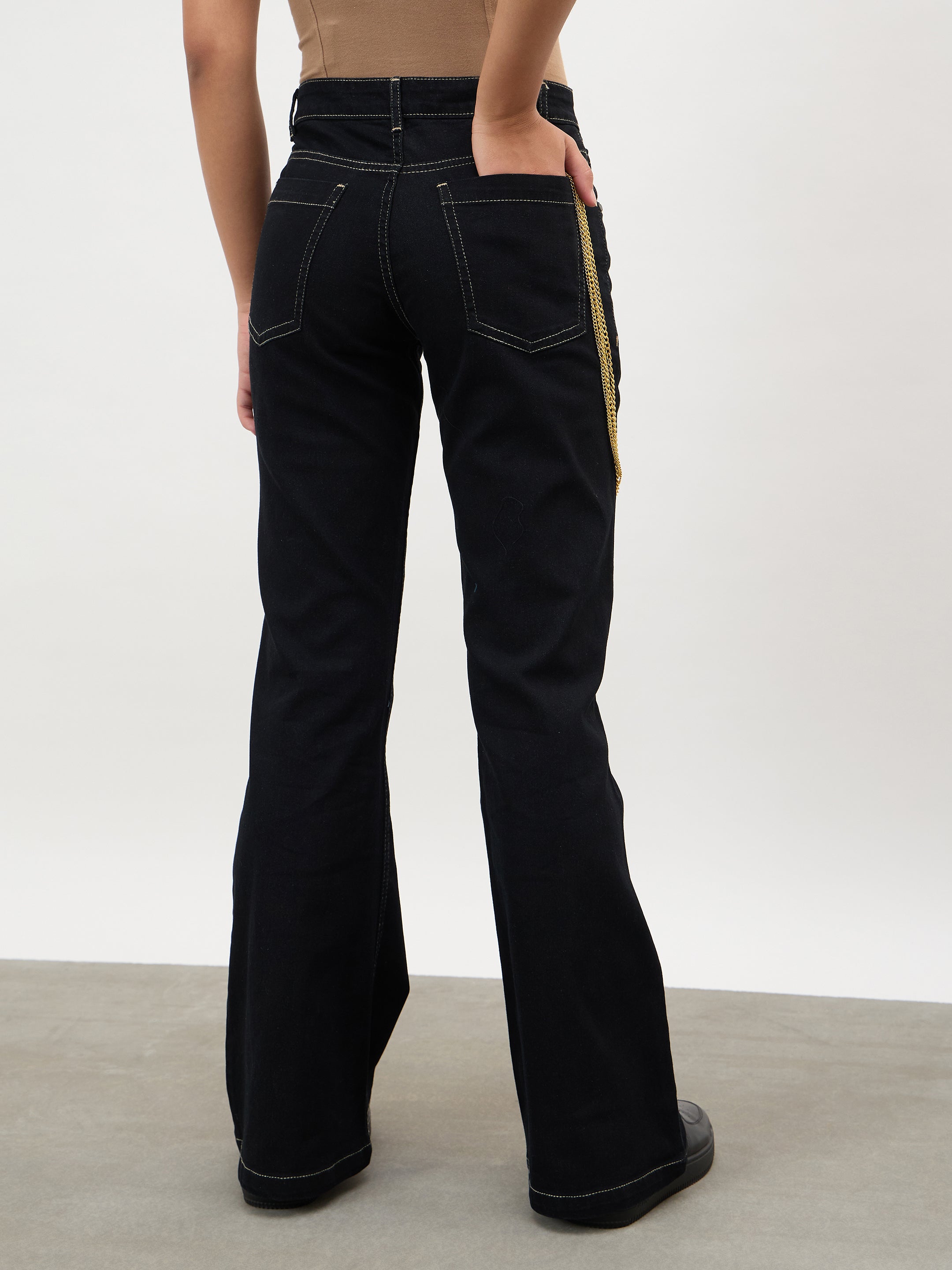 Women Black Whisker Washed Boot Cut Jeans