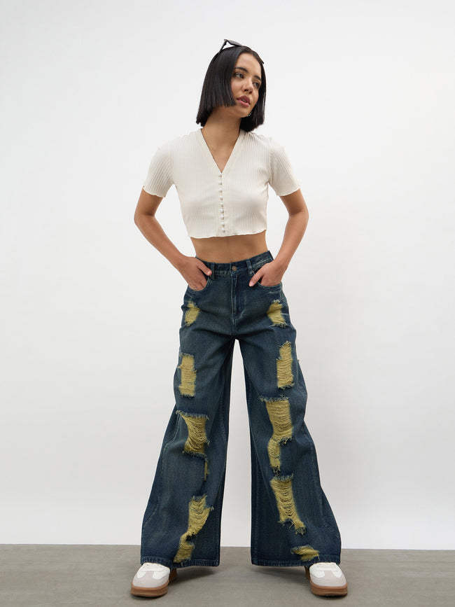 Women Navy Acid Wash Denim Flared Distressed Jeans