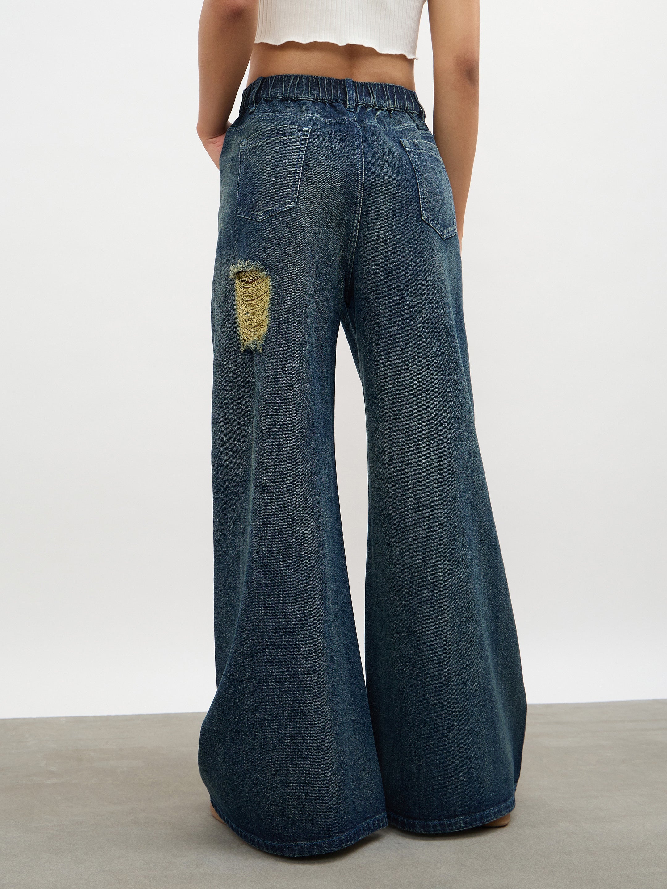 Women Navy Acid Wash Denim Flared Distressed Jeans