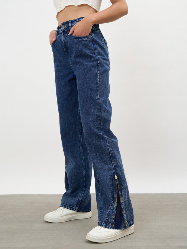 Women Navy Hem Zipper Straight Jeans