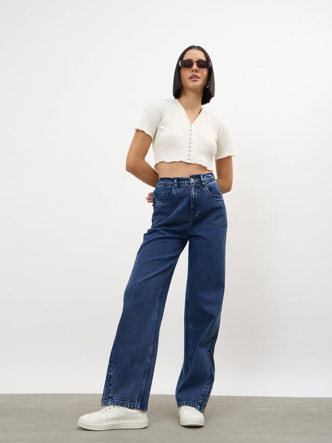 Women Navy Hem Zipper Straight Jeans