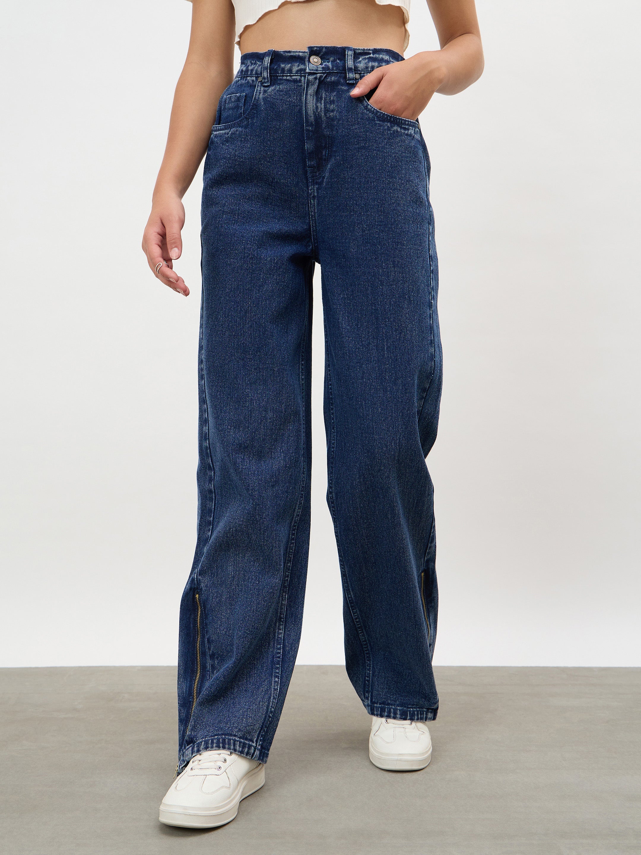Women Navy Hem Zipper Straight Jeans