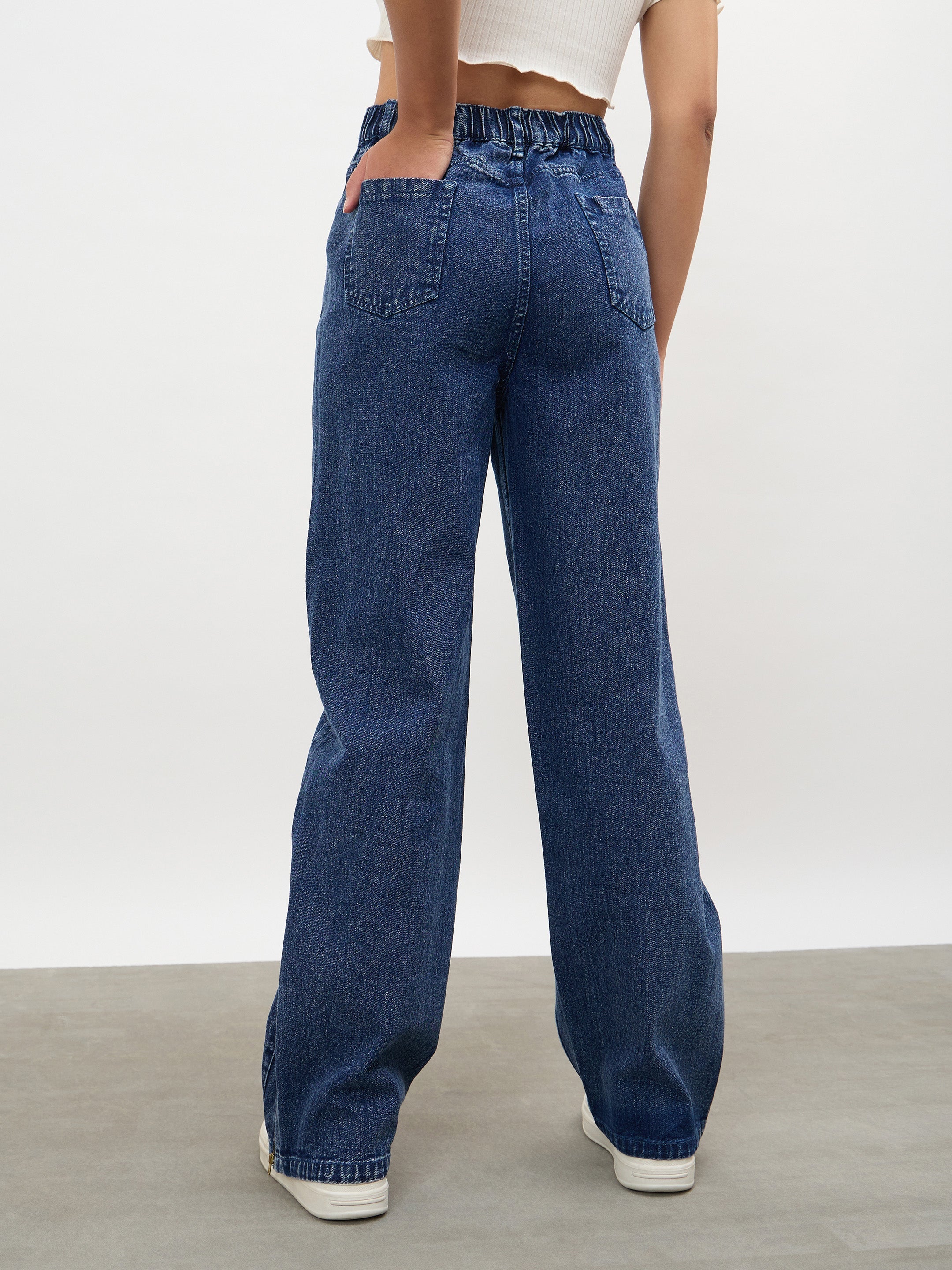 Women Navy Hem Zipper Straight Jeans