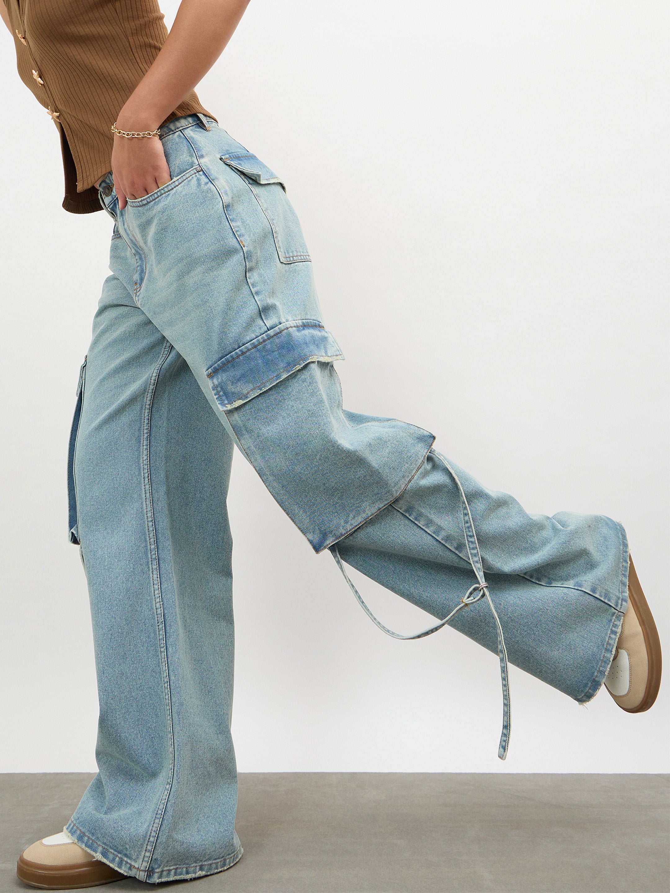 Women Ice Blue Loop Detail Cargo Jeans