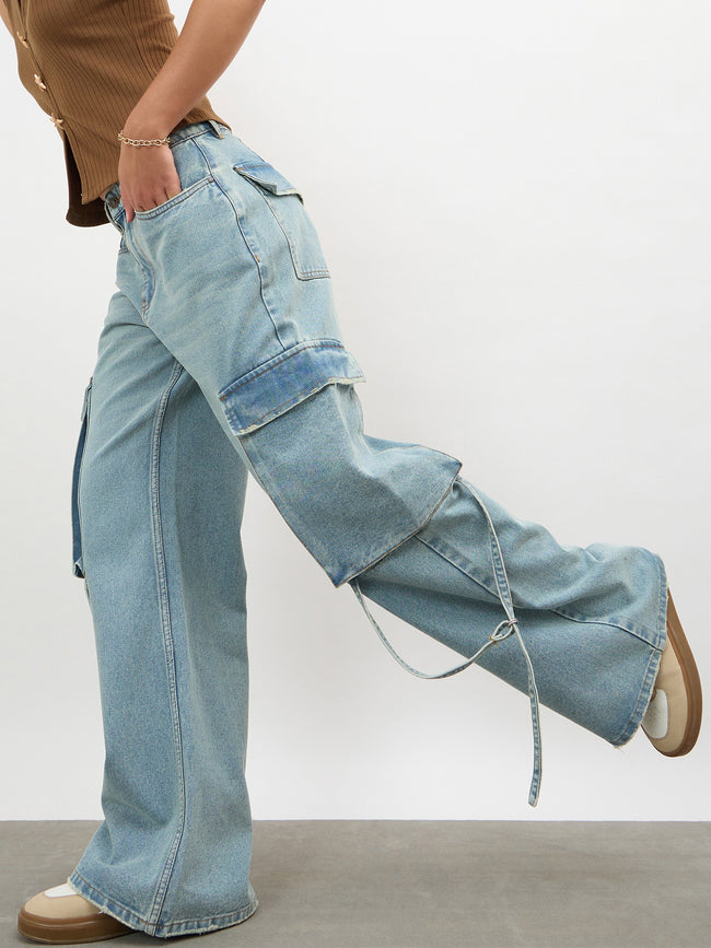 Women Ice Blue Loop Detail Cargo Jeans