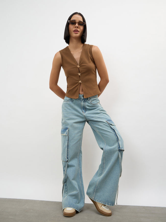 Women Ice Blue Loop Detail Cargo Jeans