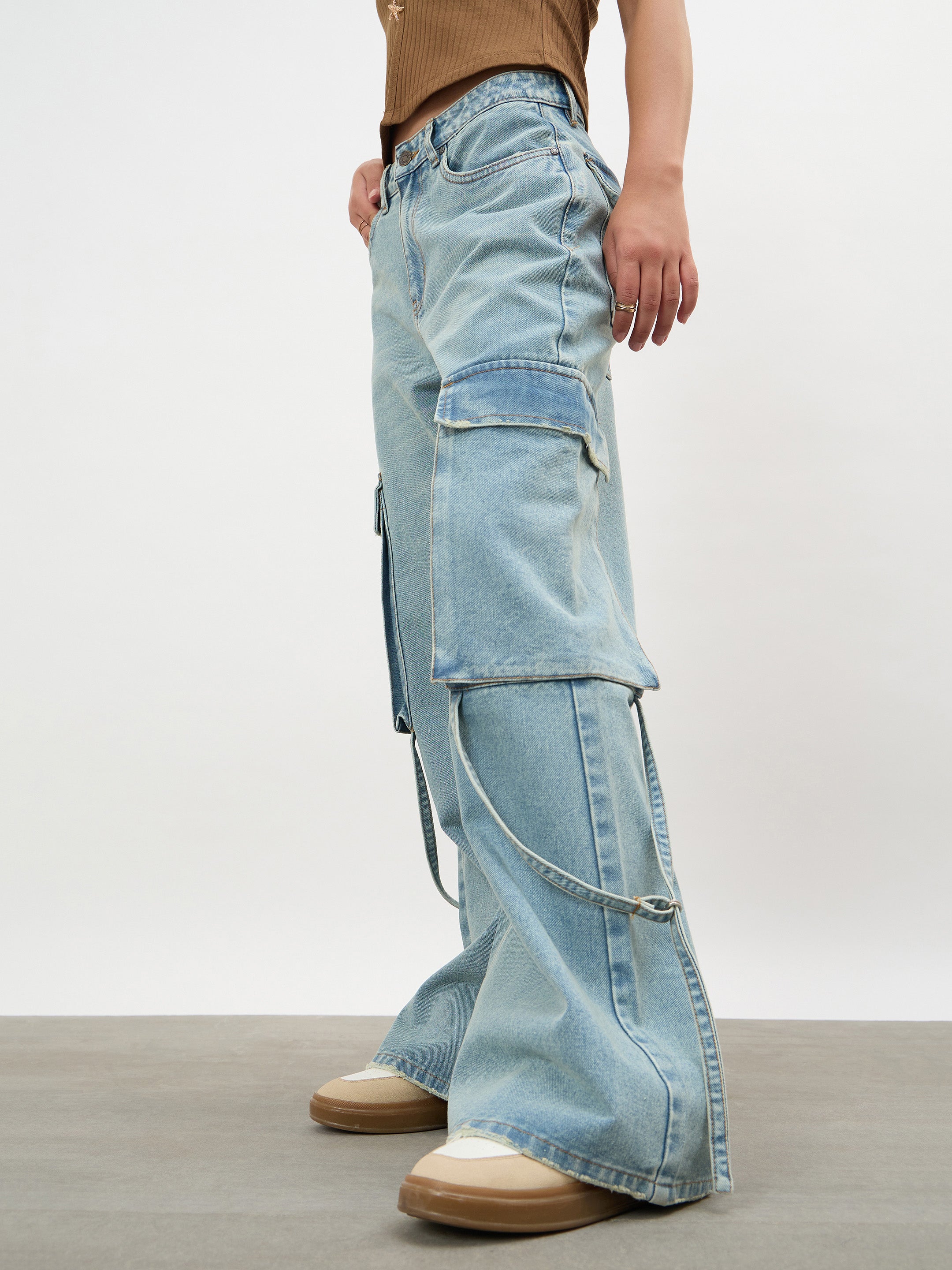 Women Ice Blue Loop Detail Cargo Jeans