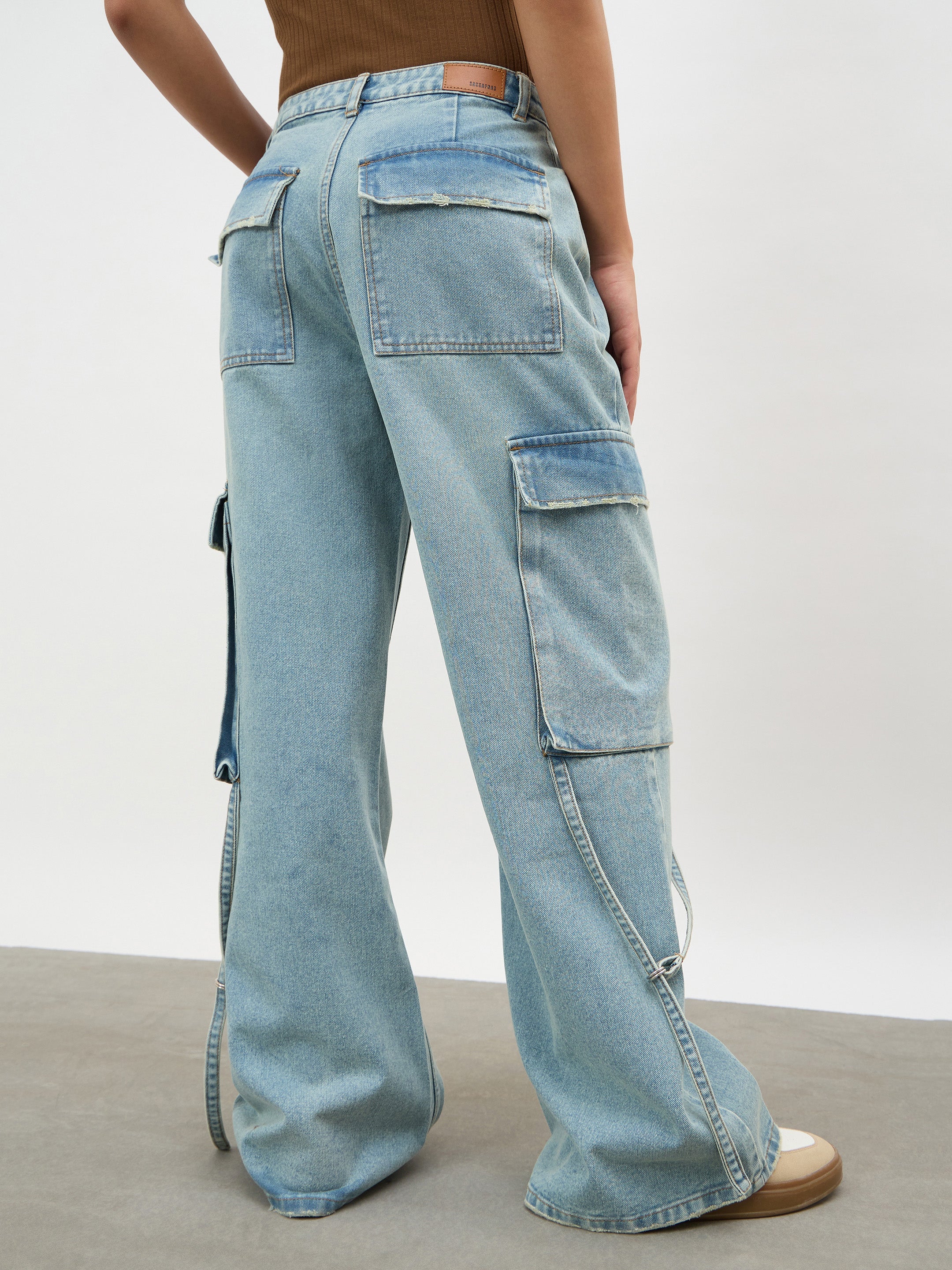 Women Ice Blue Loop Detail Cargo Jeans