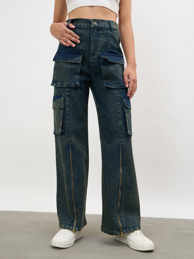 Women Navy Acid Wash Hem Zipper Cargo Straight Jeans