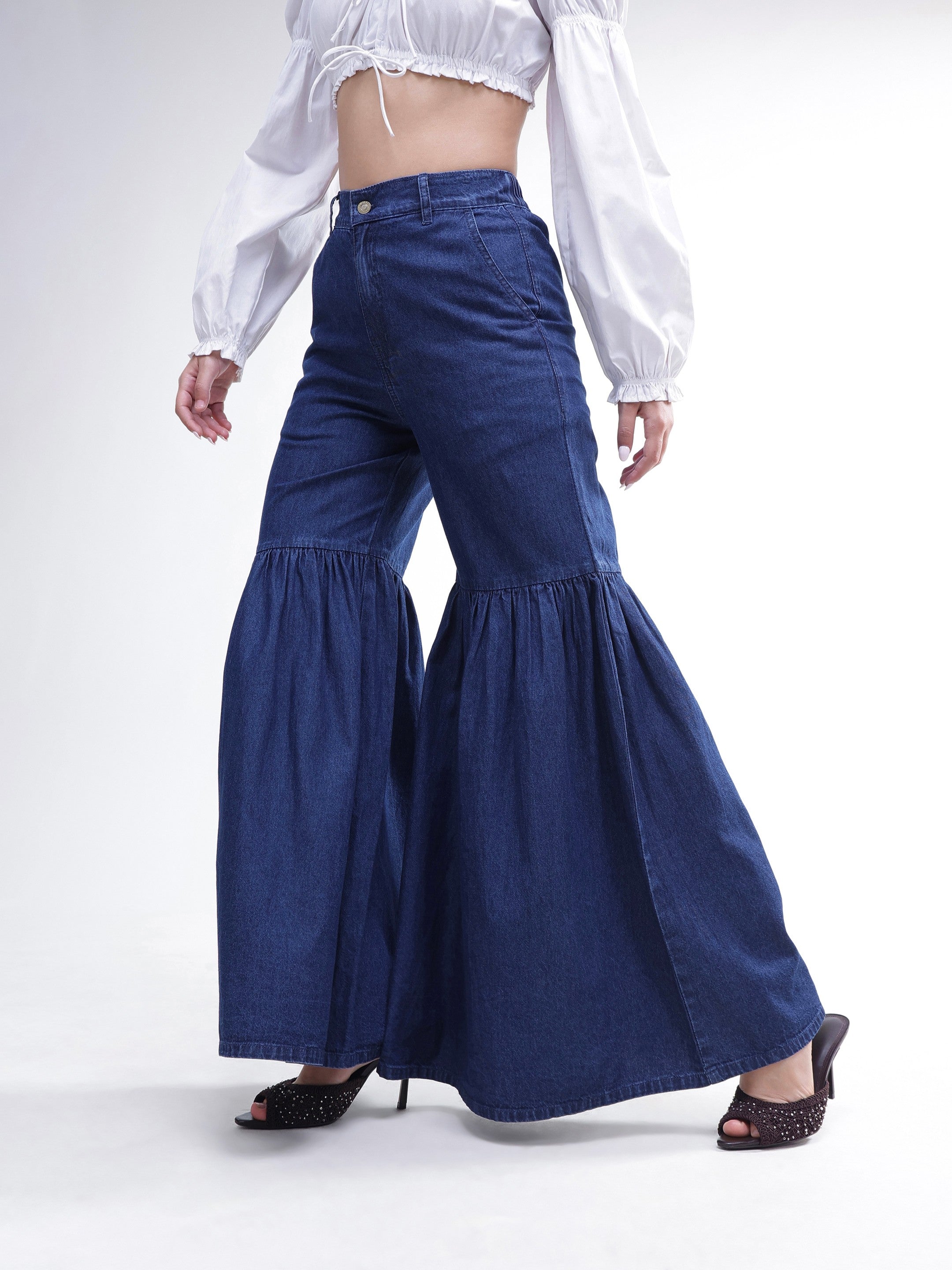 Women Blue Tencel Gathered High-Rise Jeans