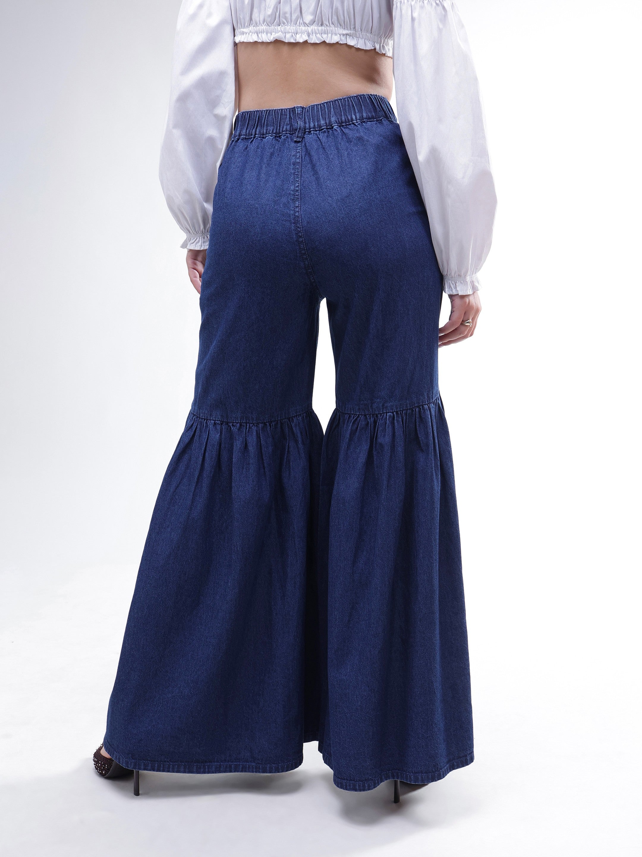 Women Blue Tencel Gathered High-Rise Jeans