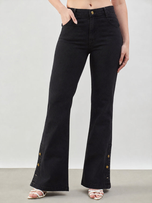 Women Jet Black Button-at-Hem Boot Cut Jeans