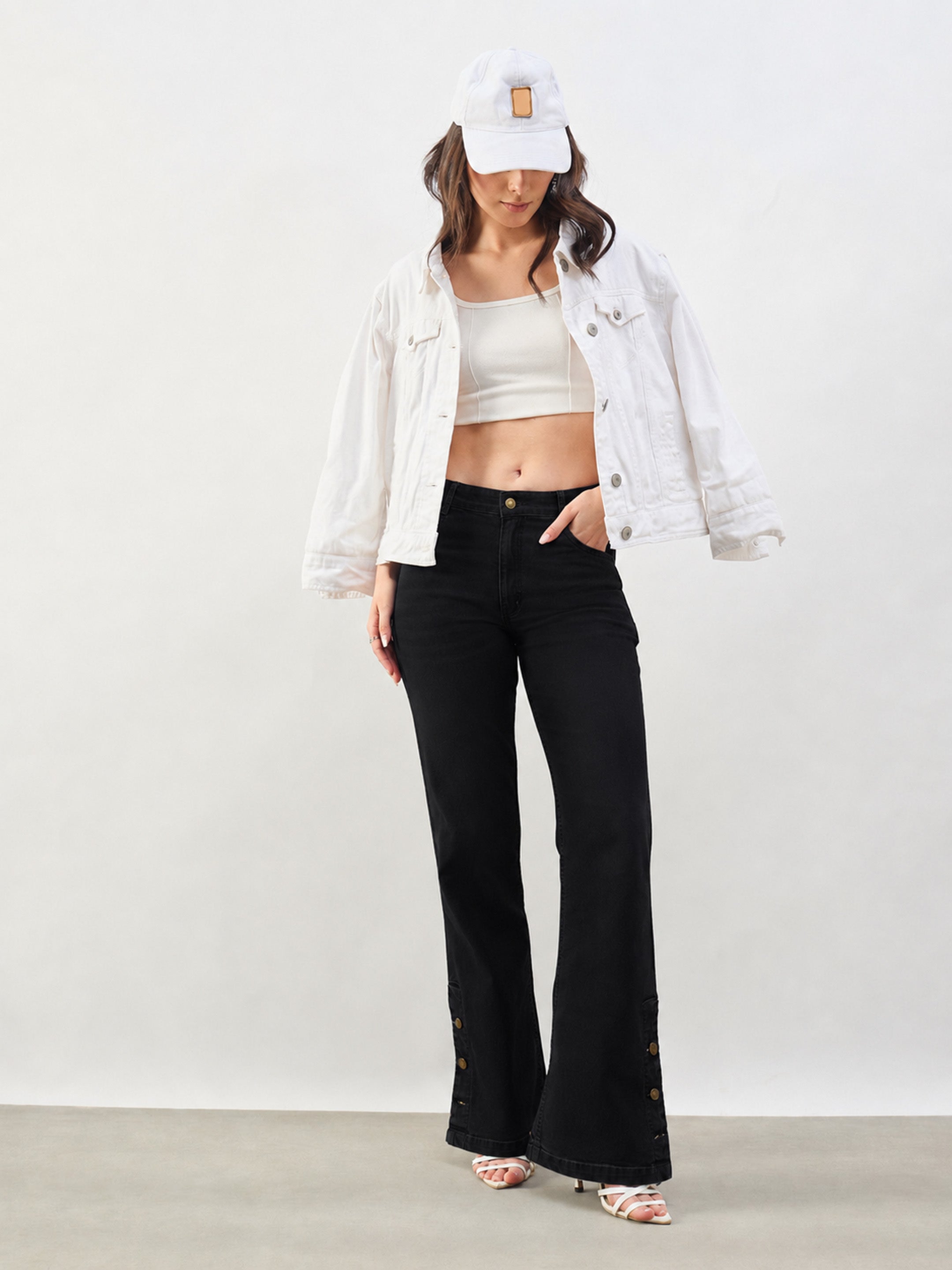 Women Jet Black Button-at-Hem Boot Cut Jeans