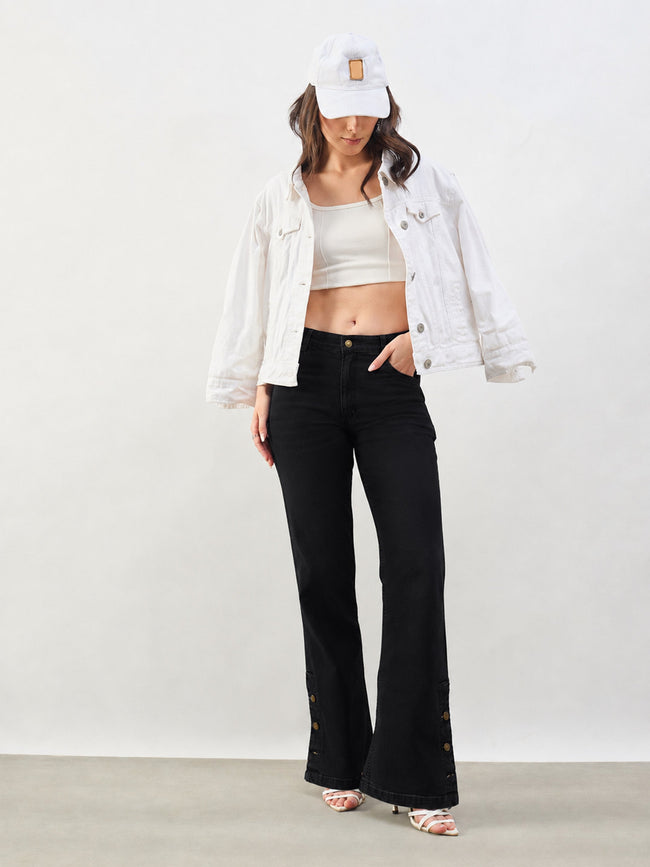 Women Jet Black Button-at-Hem Boot Cut Jeans