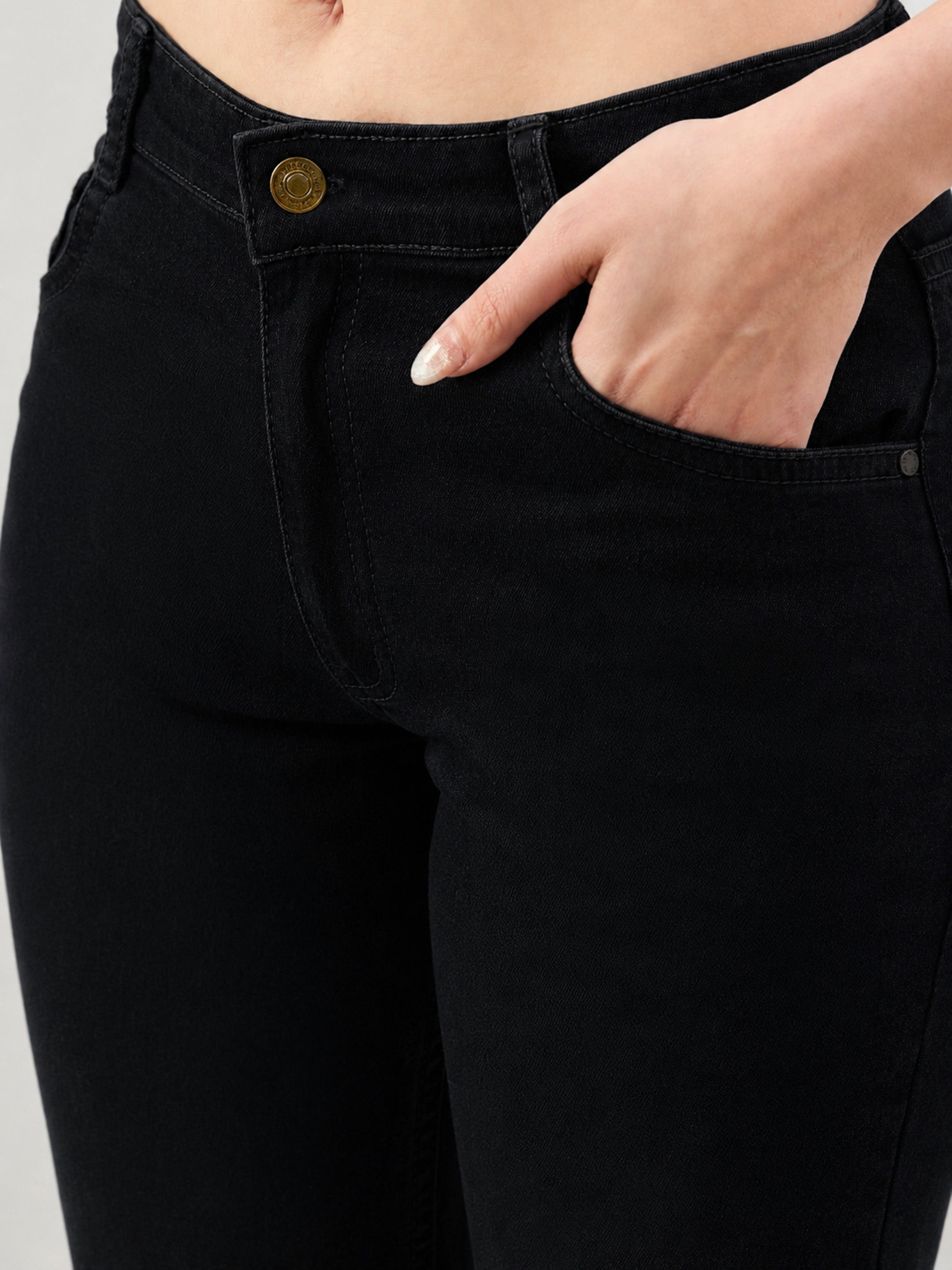 Women Jet Black Button-at-Hem Boot Cut Jeans