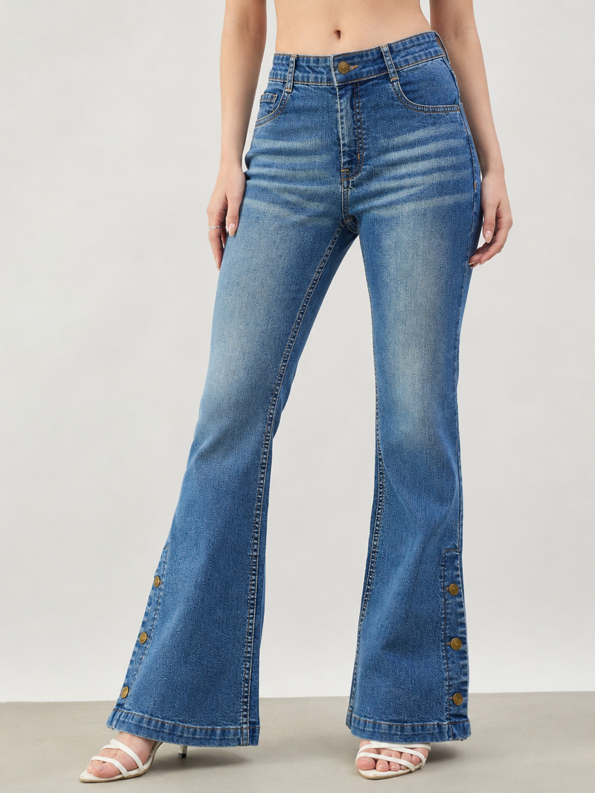 Women Blue Whisker Button-at-Hem Boot Cut Jeans