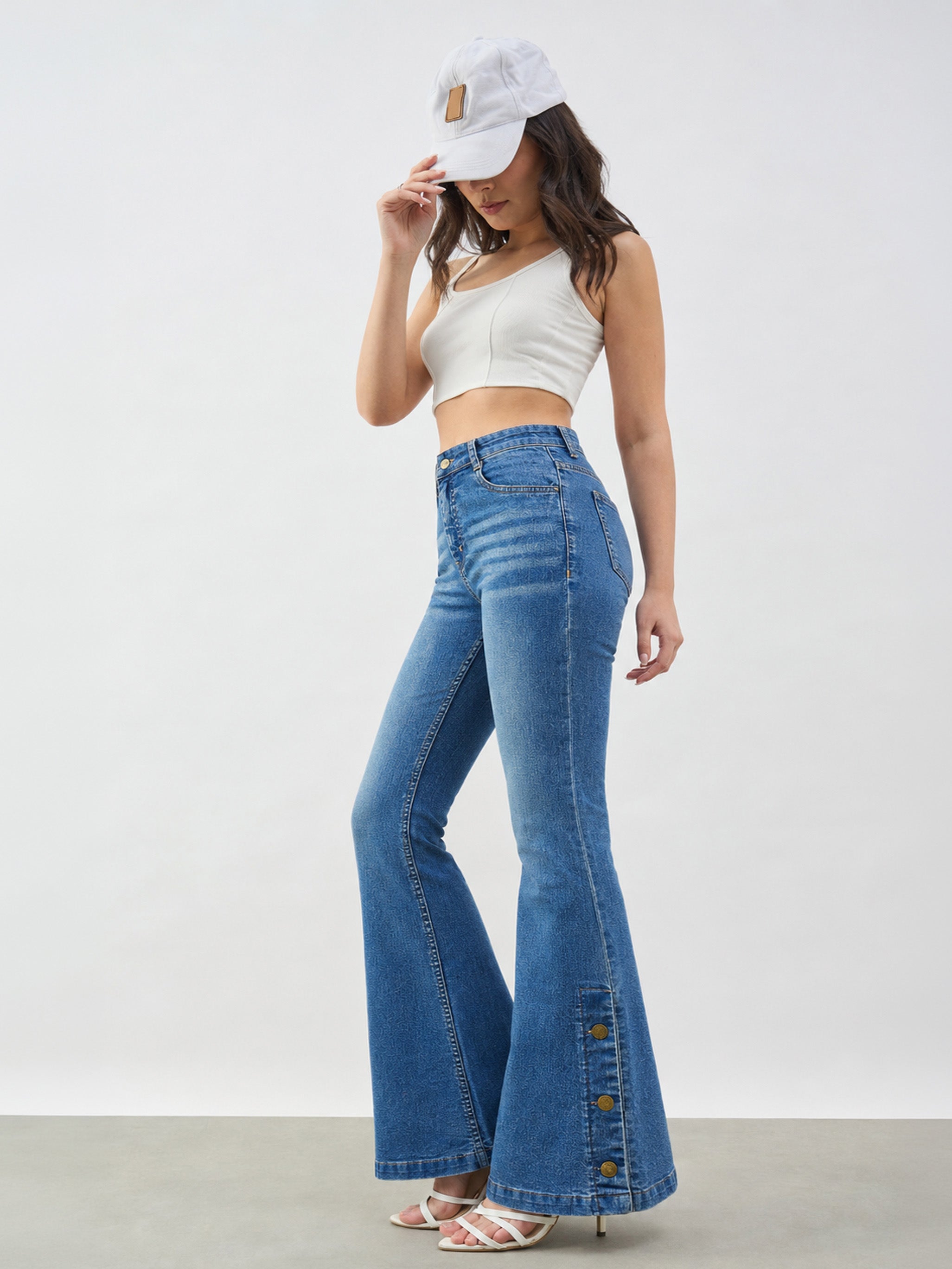 Women Blue Whisker Button-at-Hem Boot Cut Jeans