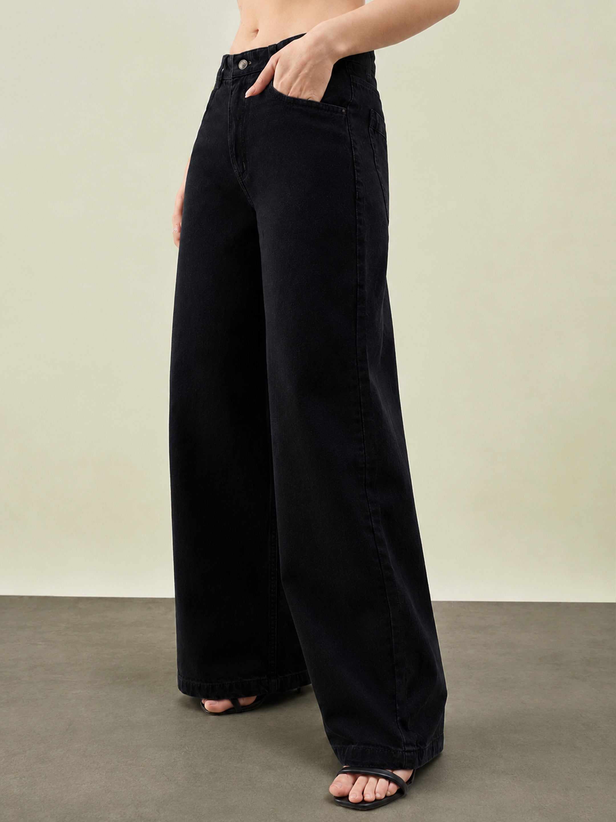 Women Jet Black Low Waist Wide Leg Jeans