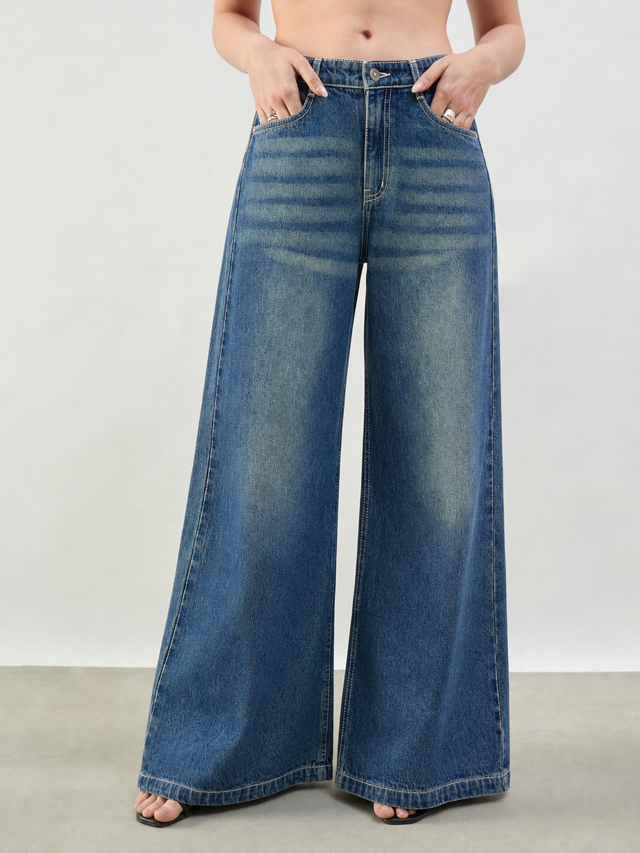 Women Blue Whisker Low Waist Wide Leg Jeans