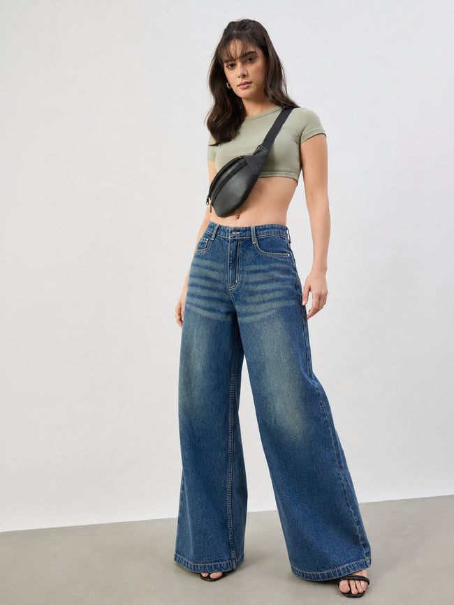 Women Blue Whisker Low Waist Wide Leg Jeans