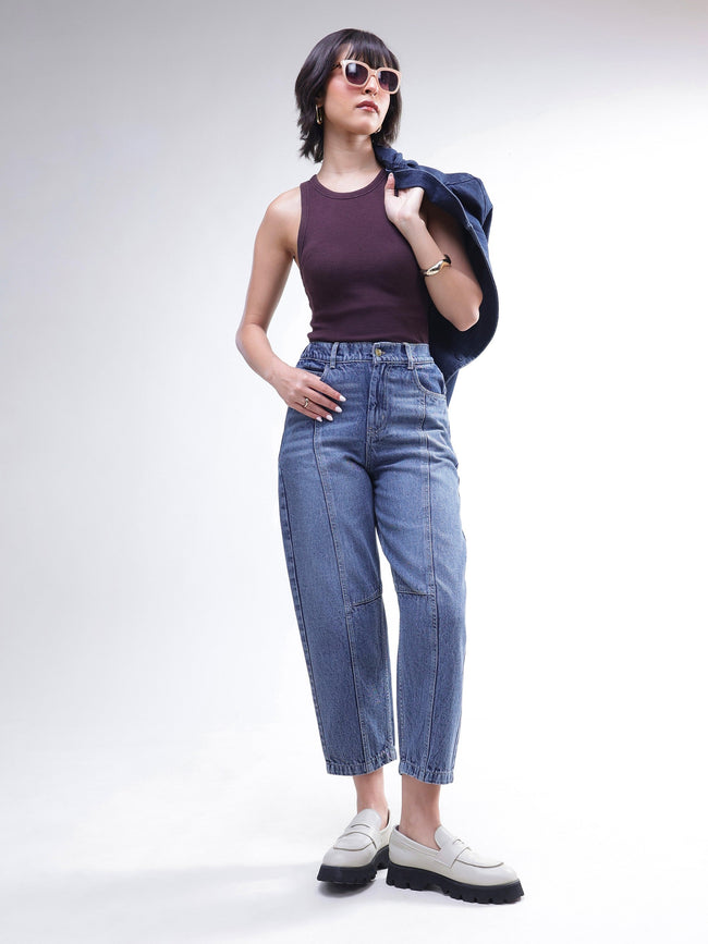 Women Light Blue Wash Whisker Front Seam Balloon Fit Jeans