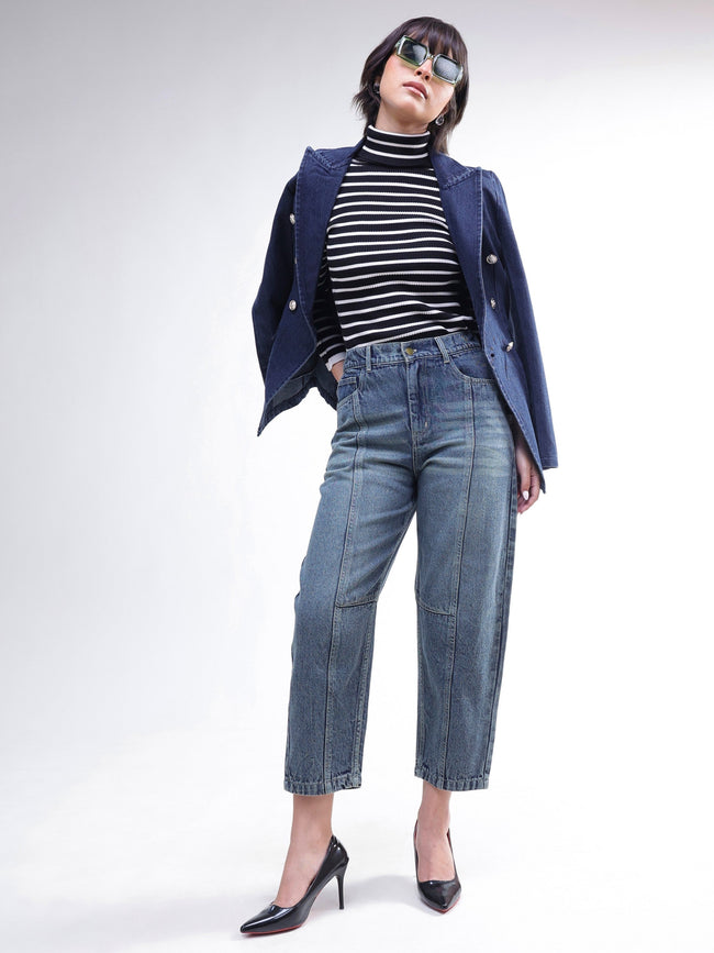 Women Blue Wash Whisker Front Seam Balloon Fit Jeans