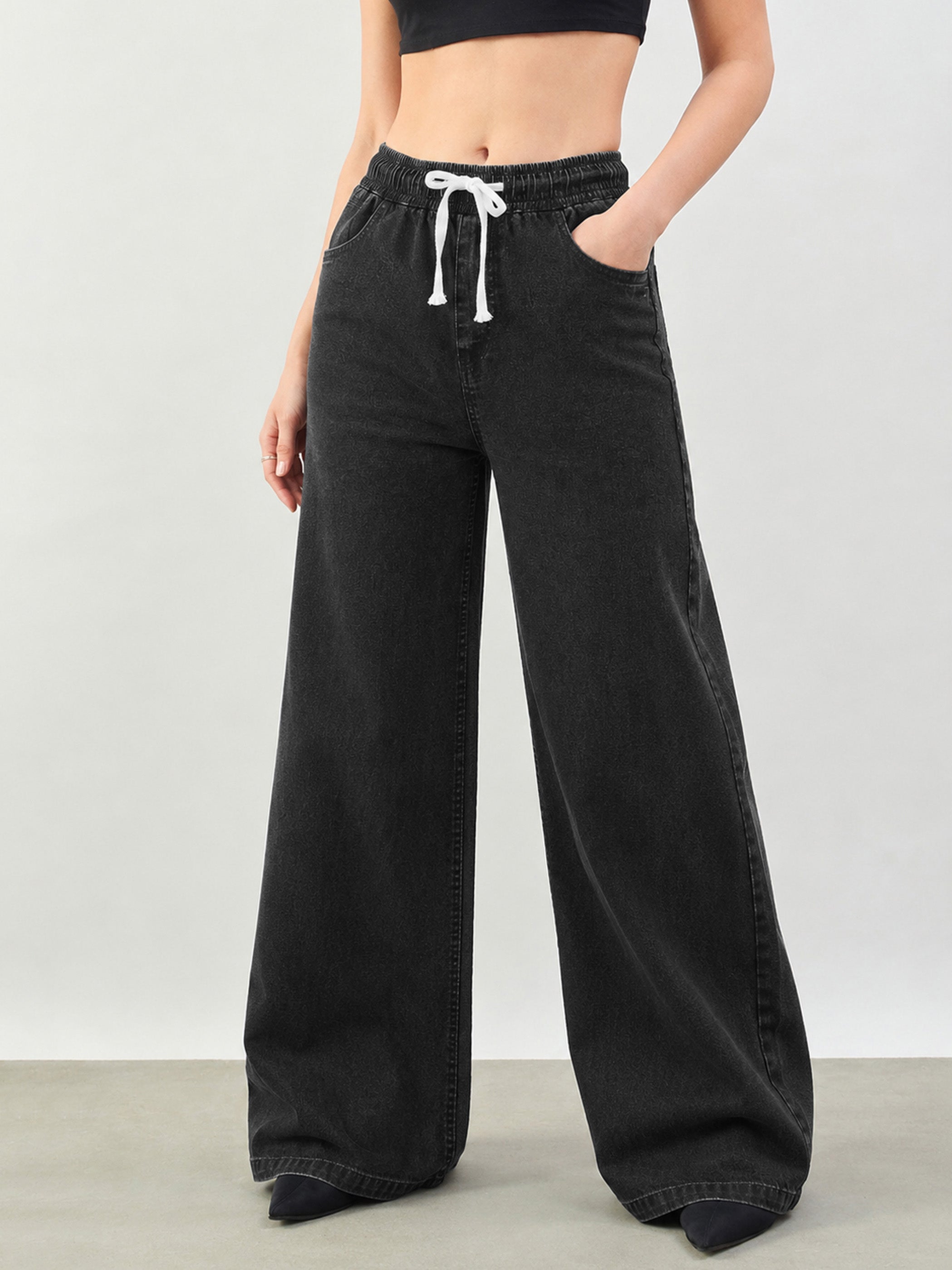 Women Black Baggy Drawstring Jeans