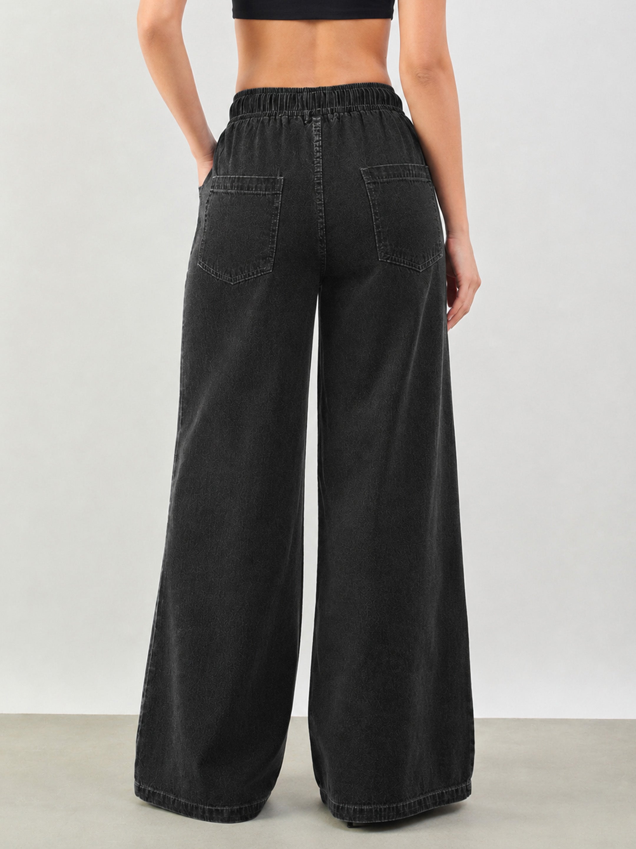 Women Black Baggy Drawstring Jeans