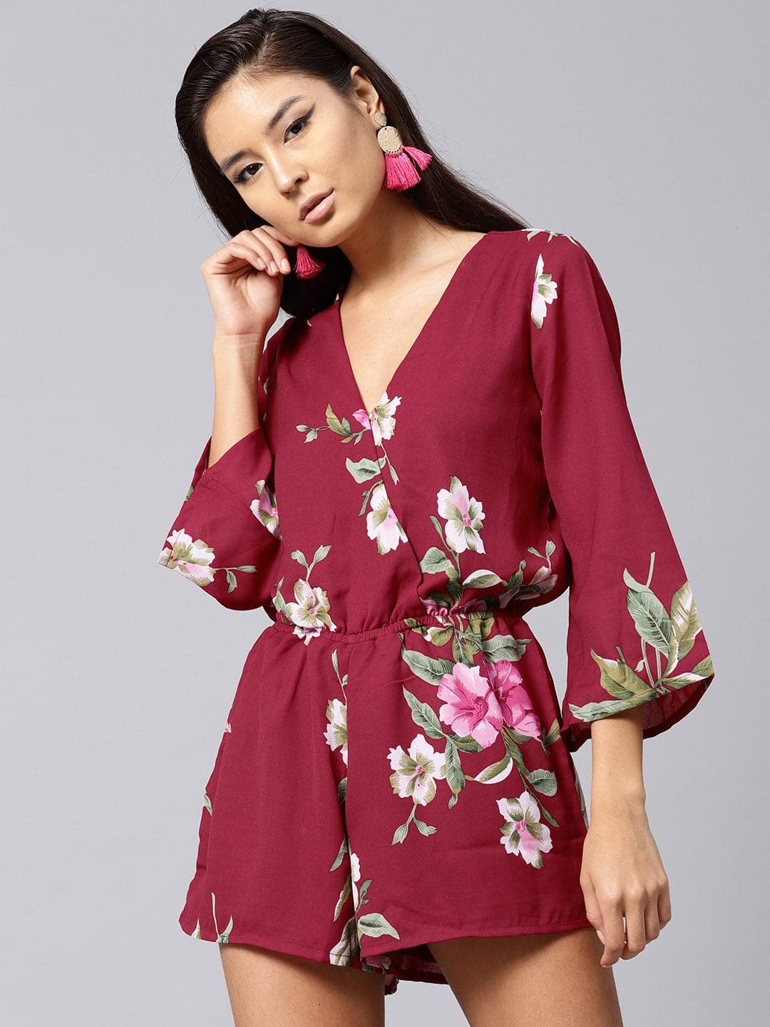 Women Maroon Tropical Wrap Romper