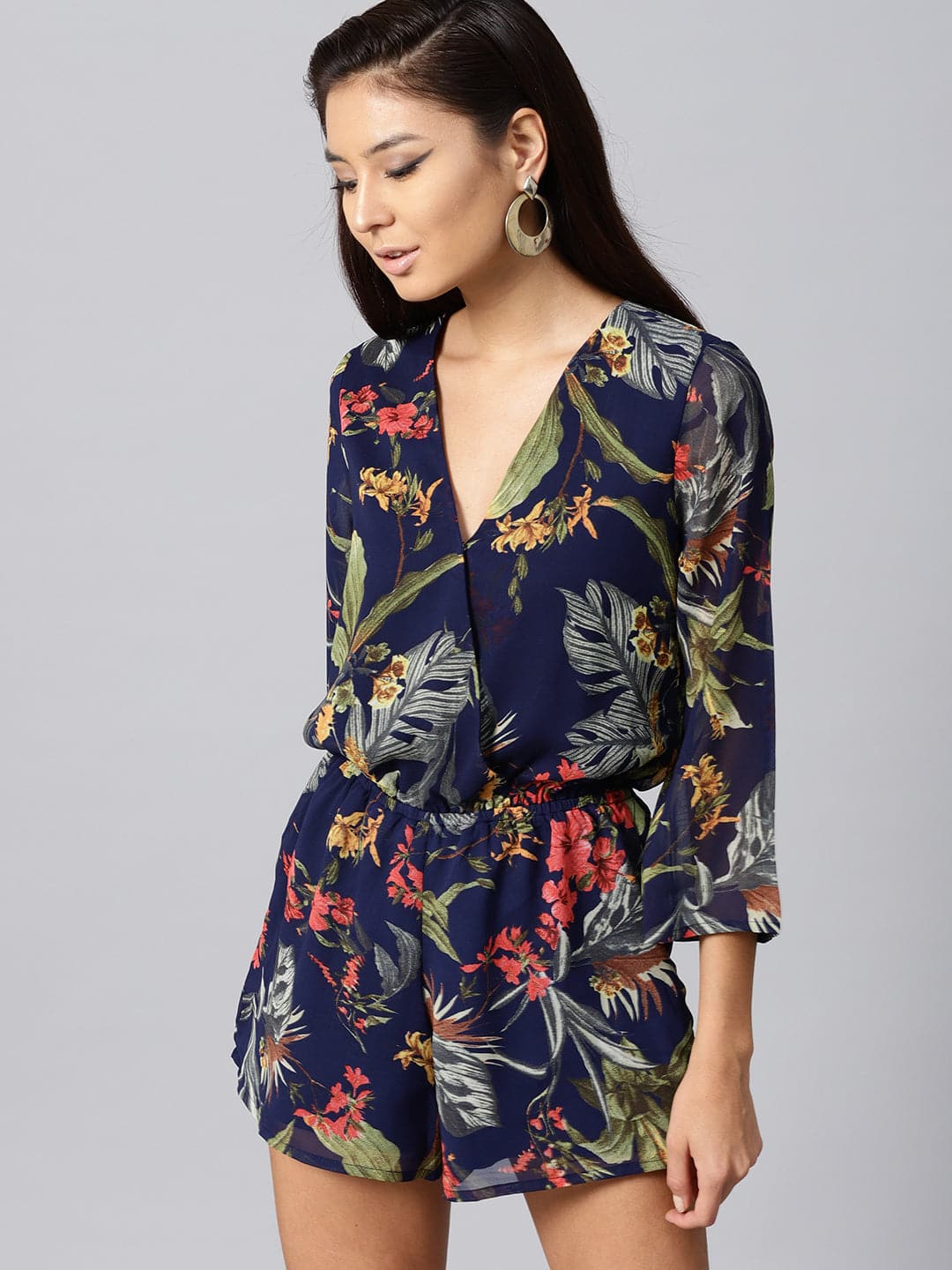 Women Navy Tropical Wrap Romper
