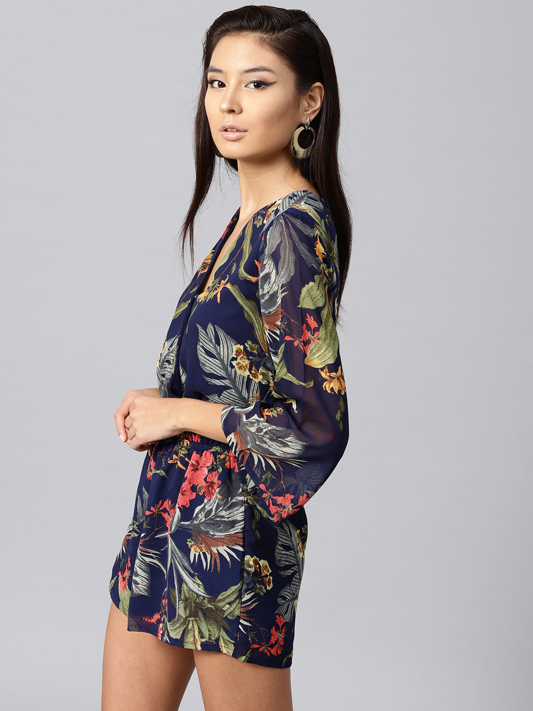 Women Navy Tropical Wrap Romper