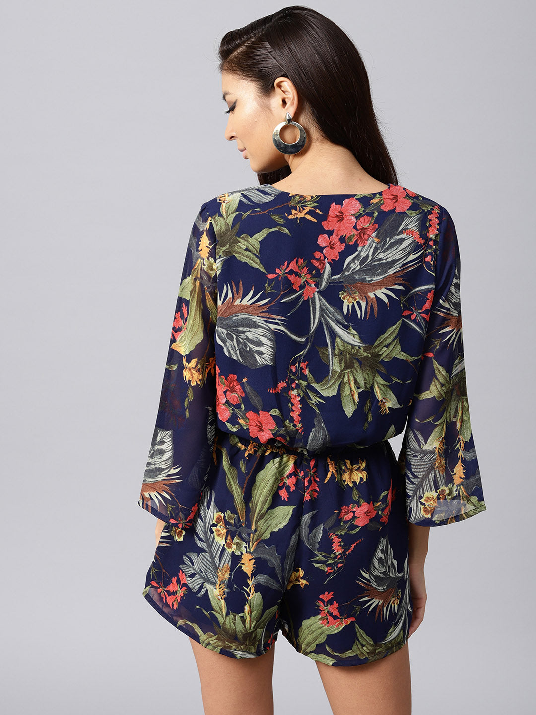 Women Navy Tropical Wrap Romper