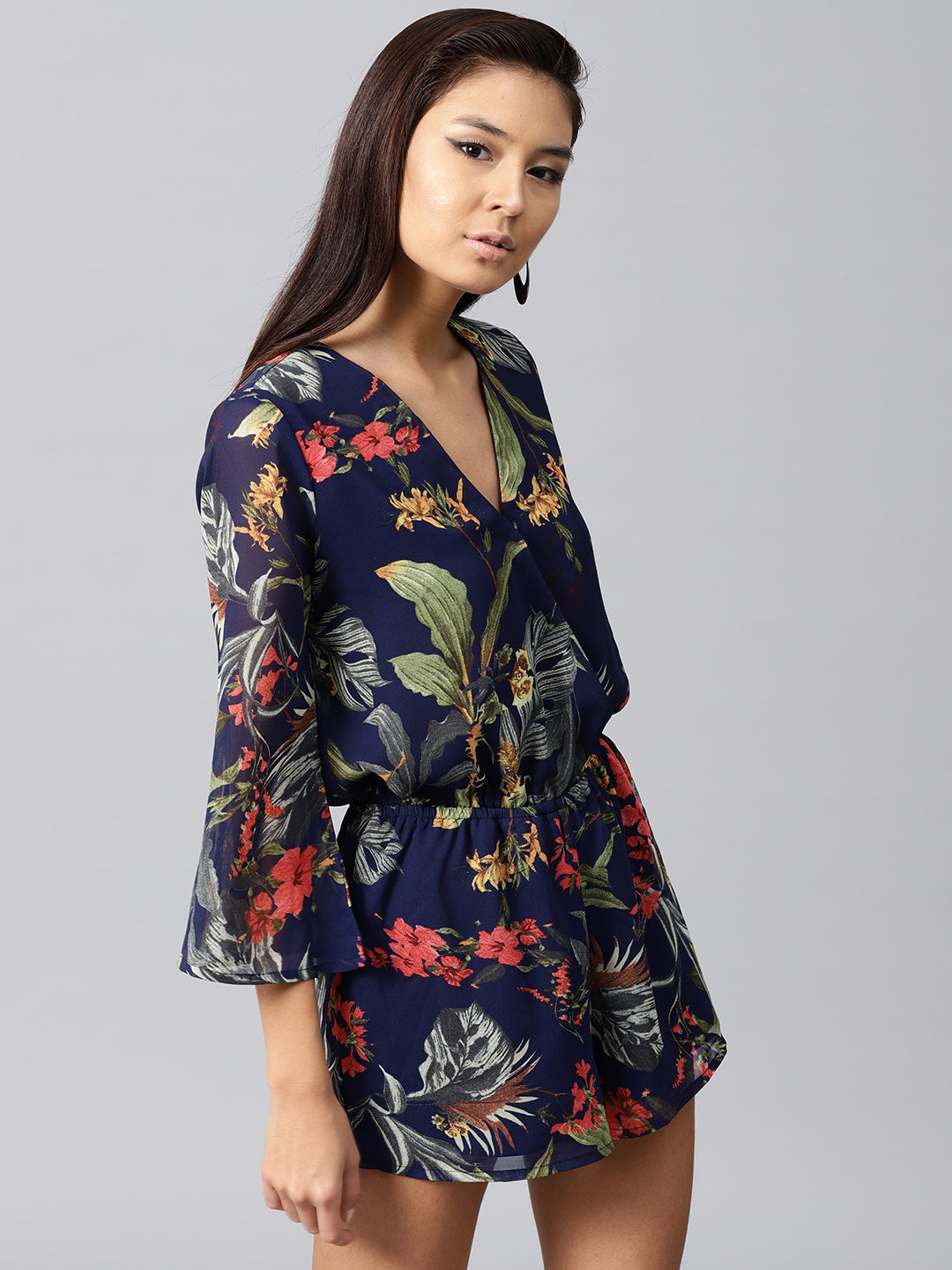 Women Navy Tropical Wrap Romper