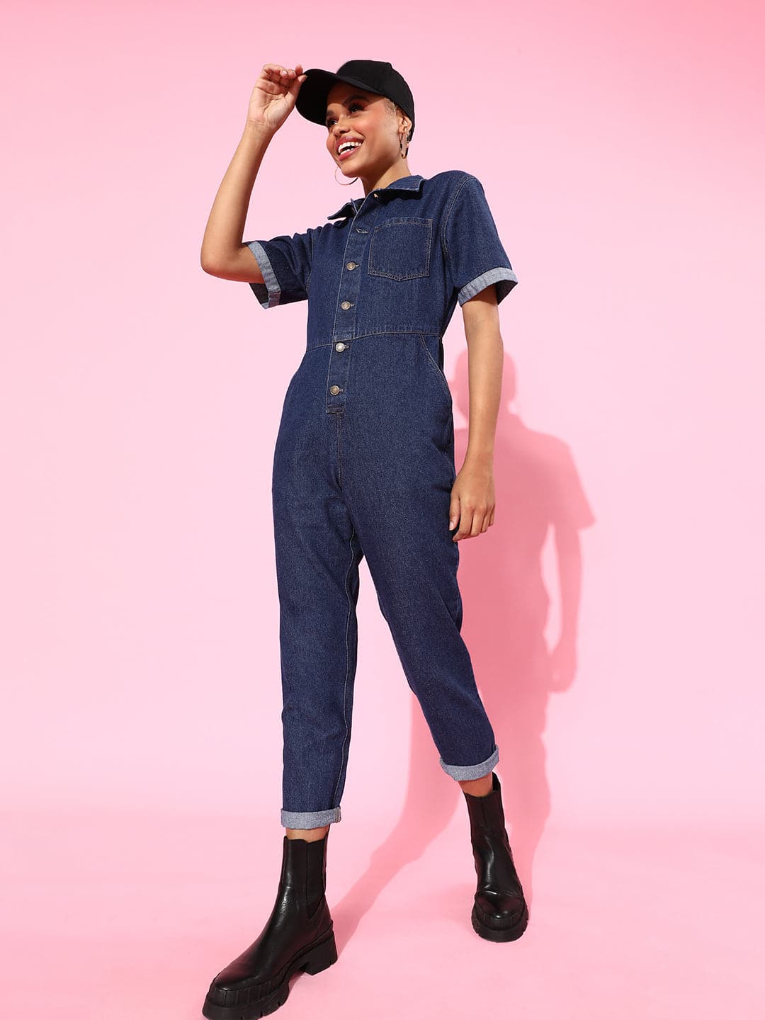 Navy Blue Denim Belted Jumpsuit-Jumpsuits-SASSAFRAS