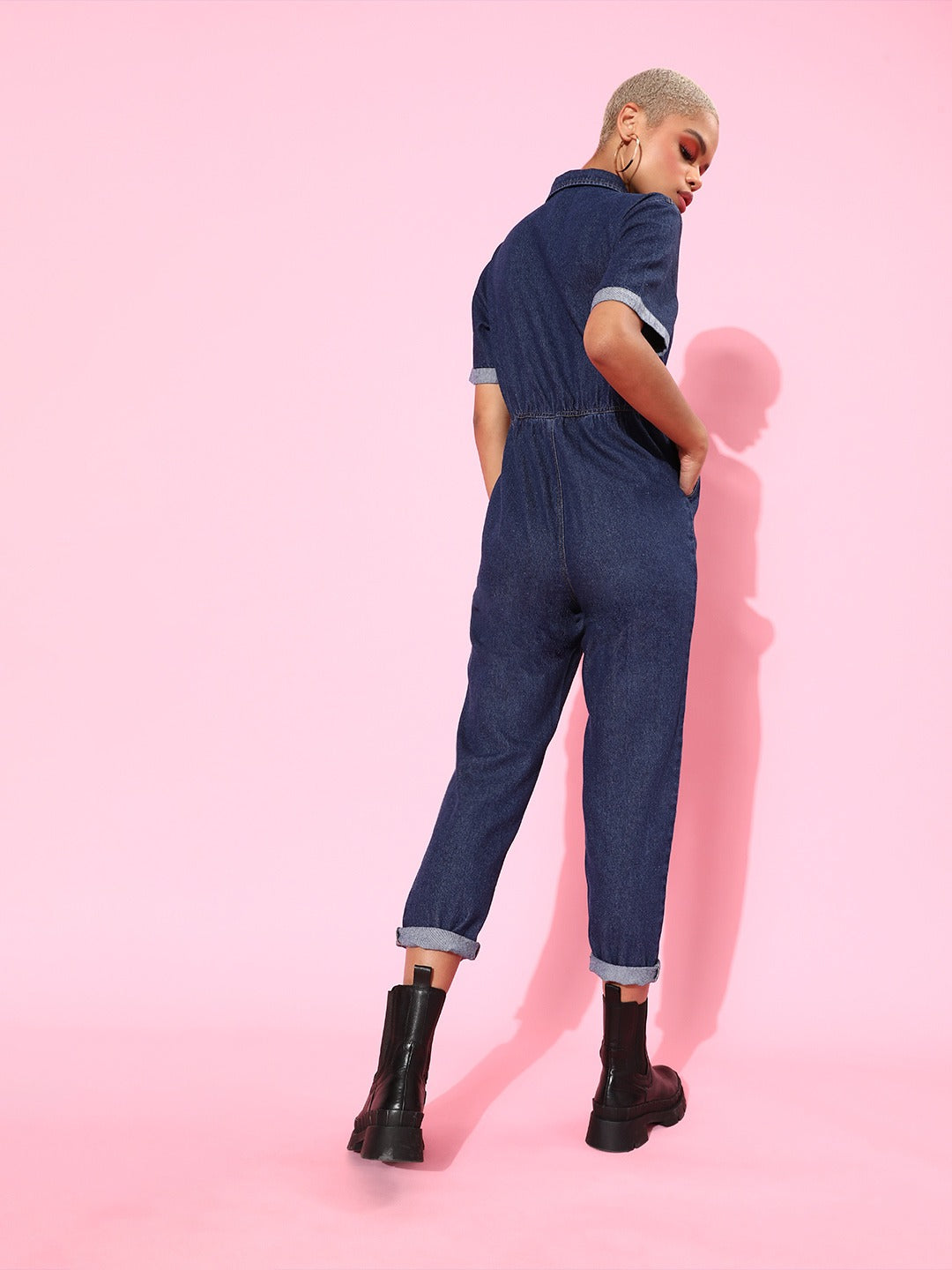 Navy Blue Denim Belted Jumpsuit